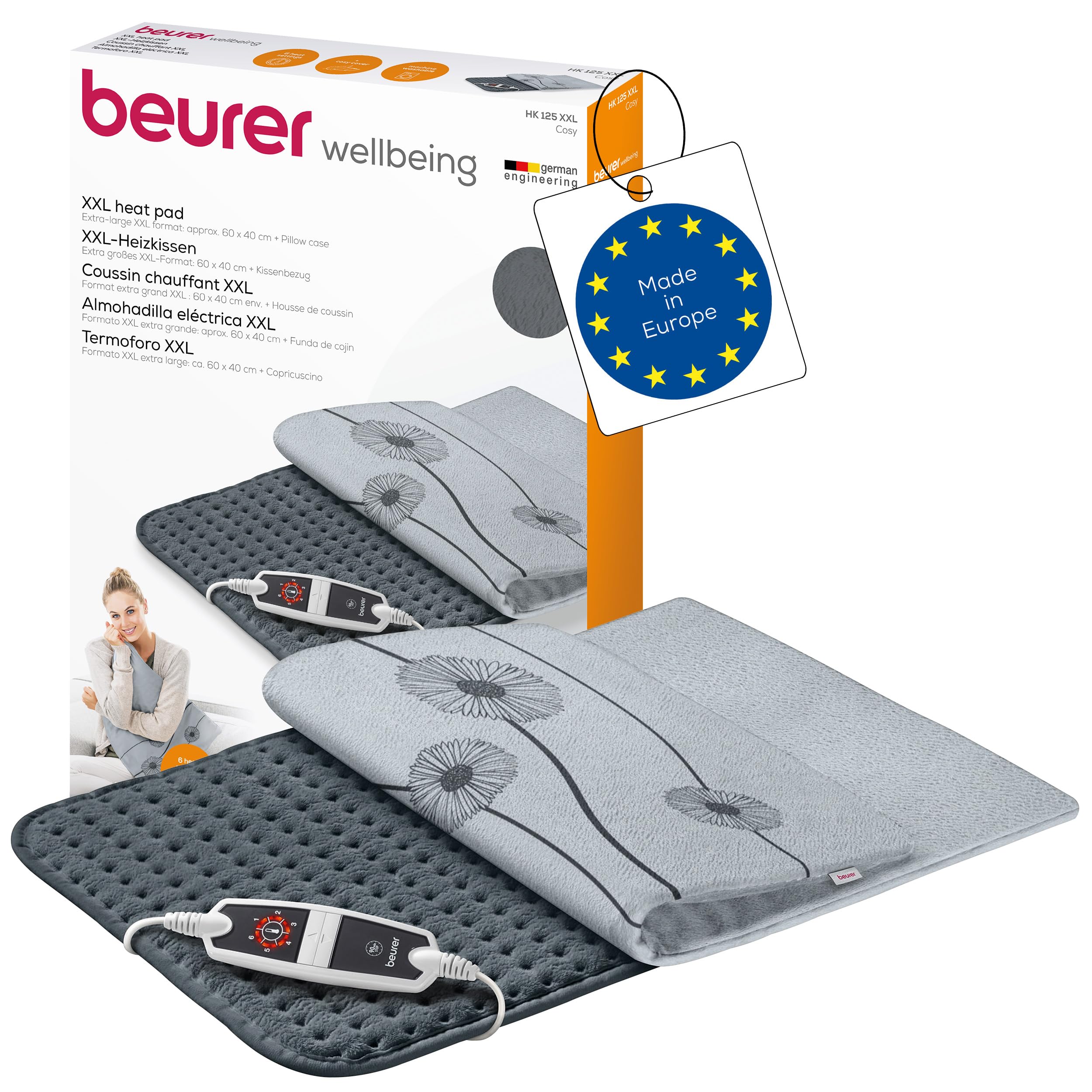 Beurer HK 125 - Elektriskais sildošais spilvens XXL, 60x40 cm ar 6 temperatūras līmeņiem, pelēks