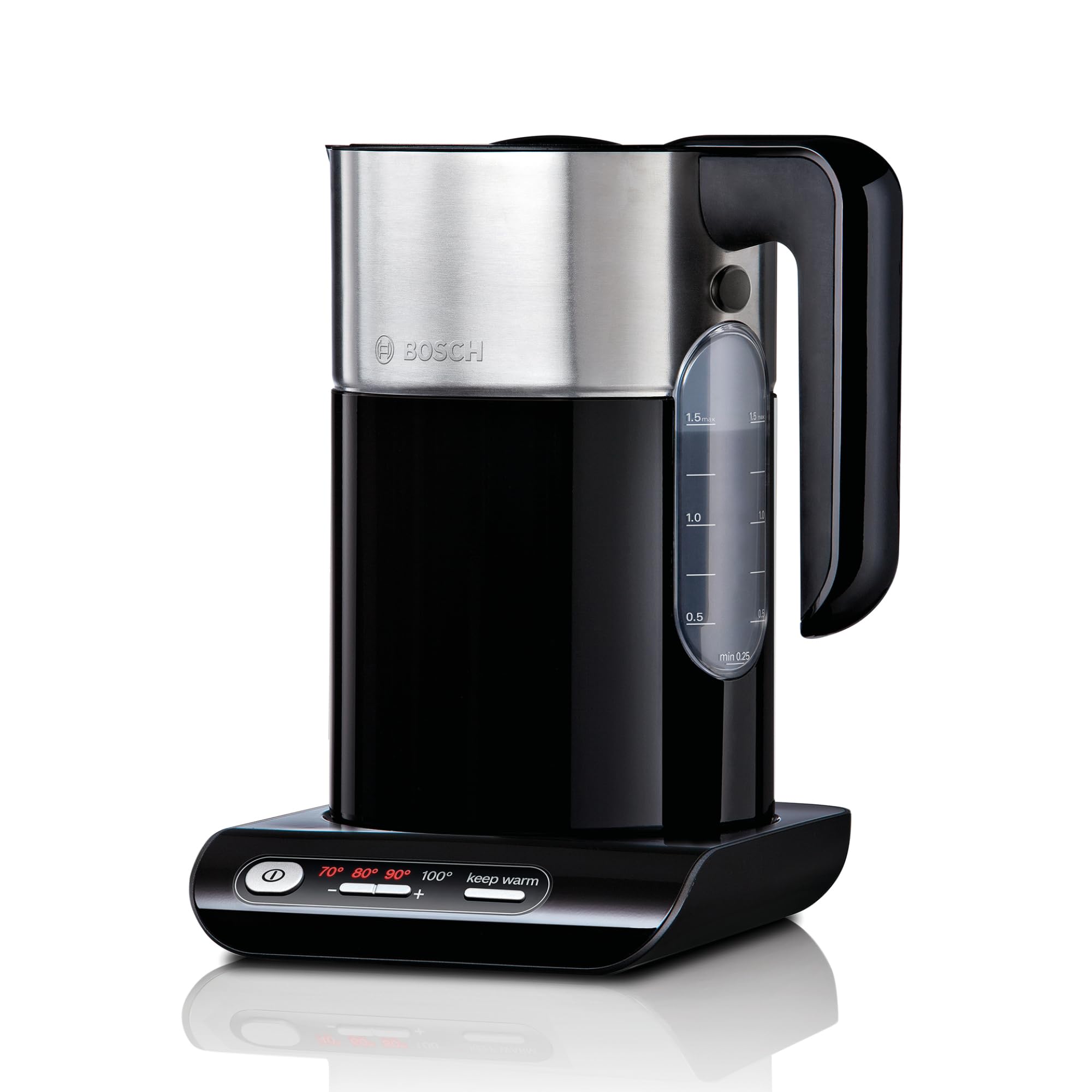 Bosch TWK8613P - Bezvadu elektriskā tējkanna ar temperatūras izvēli un uzsildes funkciju, 1,5 l, 2400 W, melna