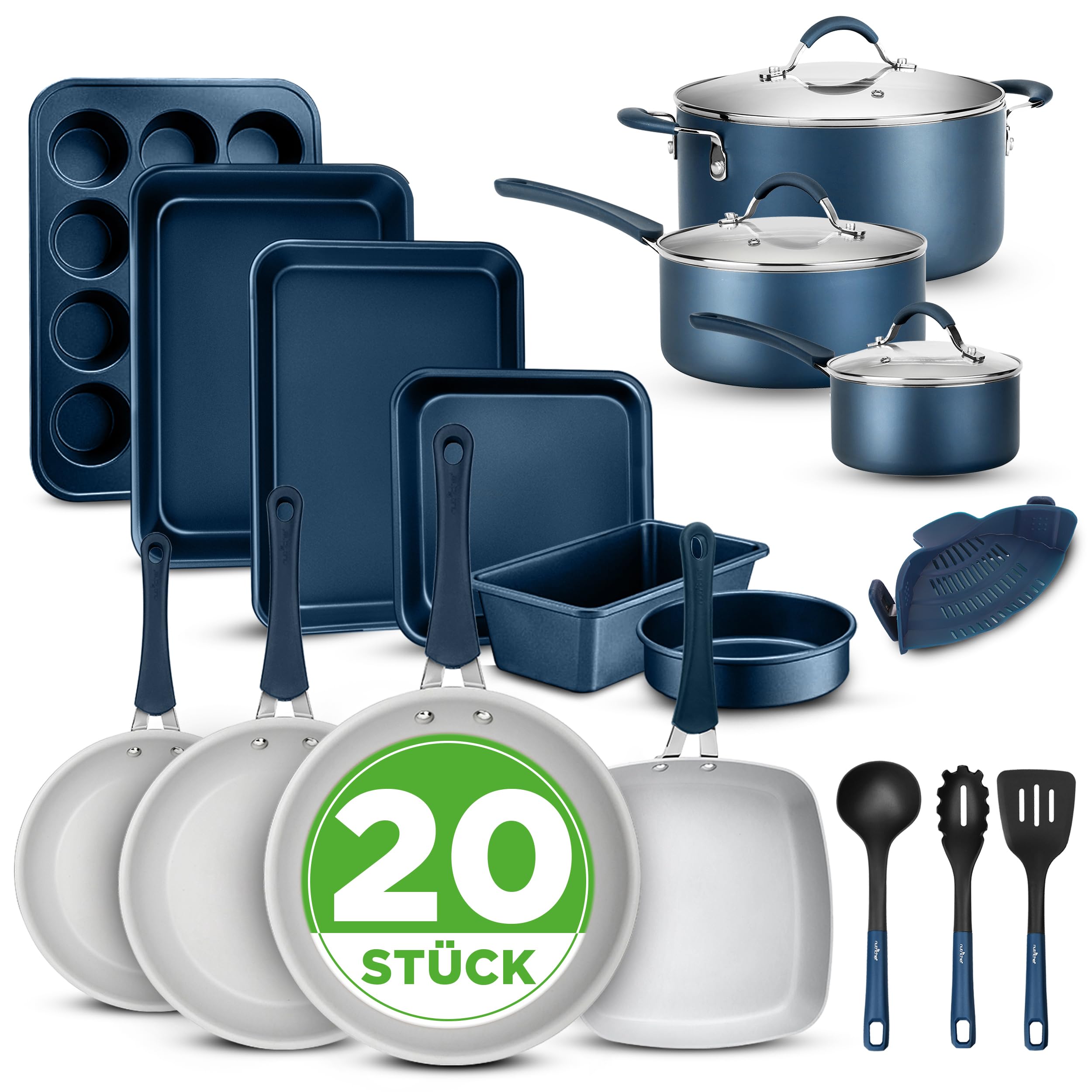 NutriChef NCCW20SBLU - Indukcijas katlu un pannu komplekts, 20 daļas ar cepešpannām