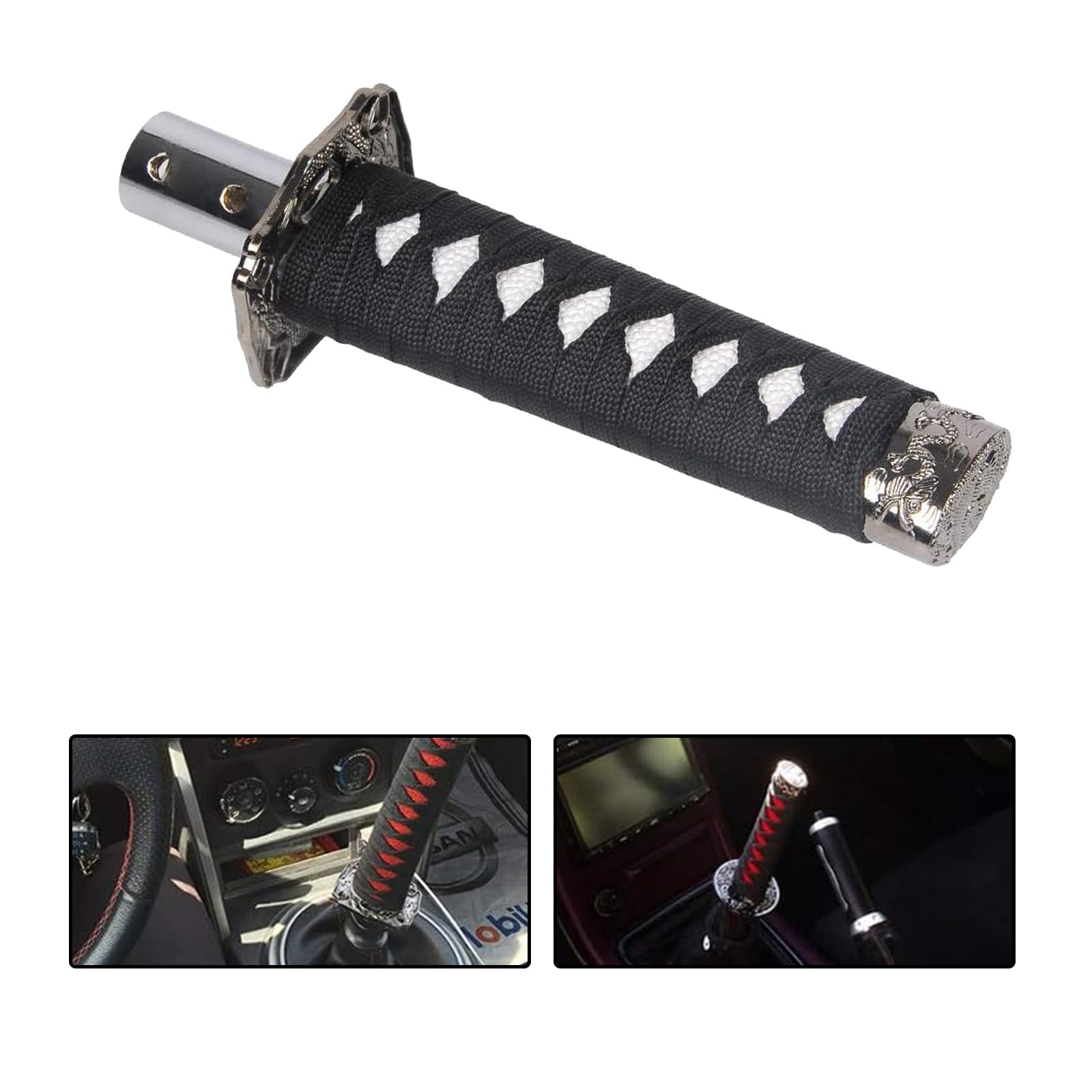 Gseigvee  GSPDT1594WHBL-1PC - Katana samuraja stila automašīnas pārslēdzēja poga ar 4 adapteriem, 15,5 cm