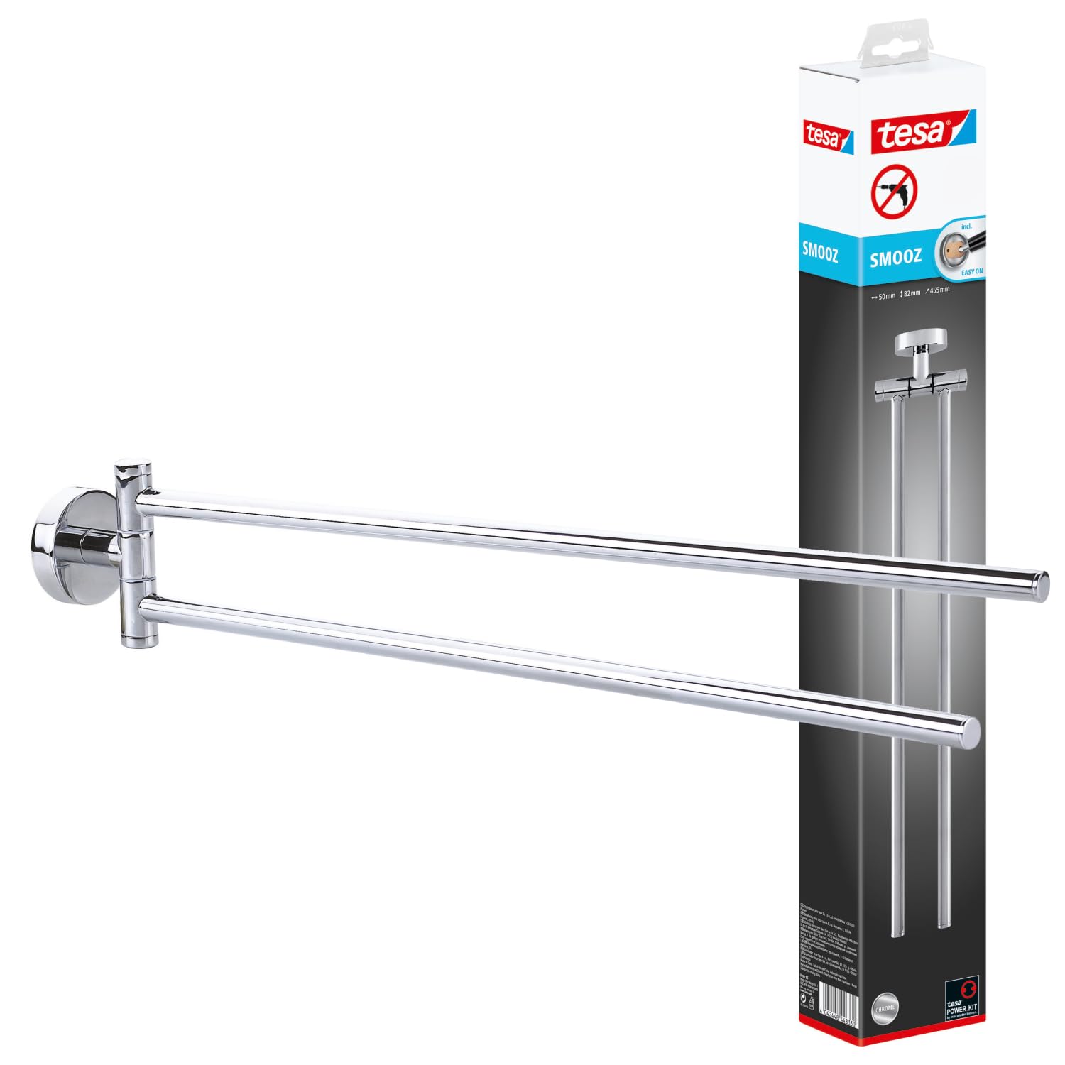 Tesa Smooz 40317 - Dvieļu turētājs, 2 sviru grozāms hromēts turētājs, bez urbšanas, 50 mm x 82 mm x 455 mm