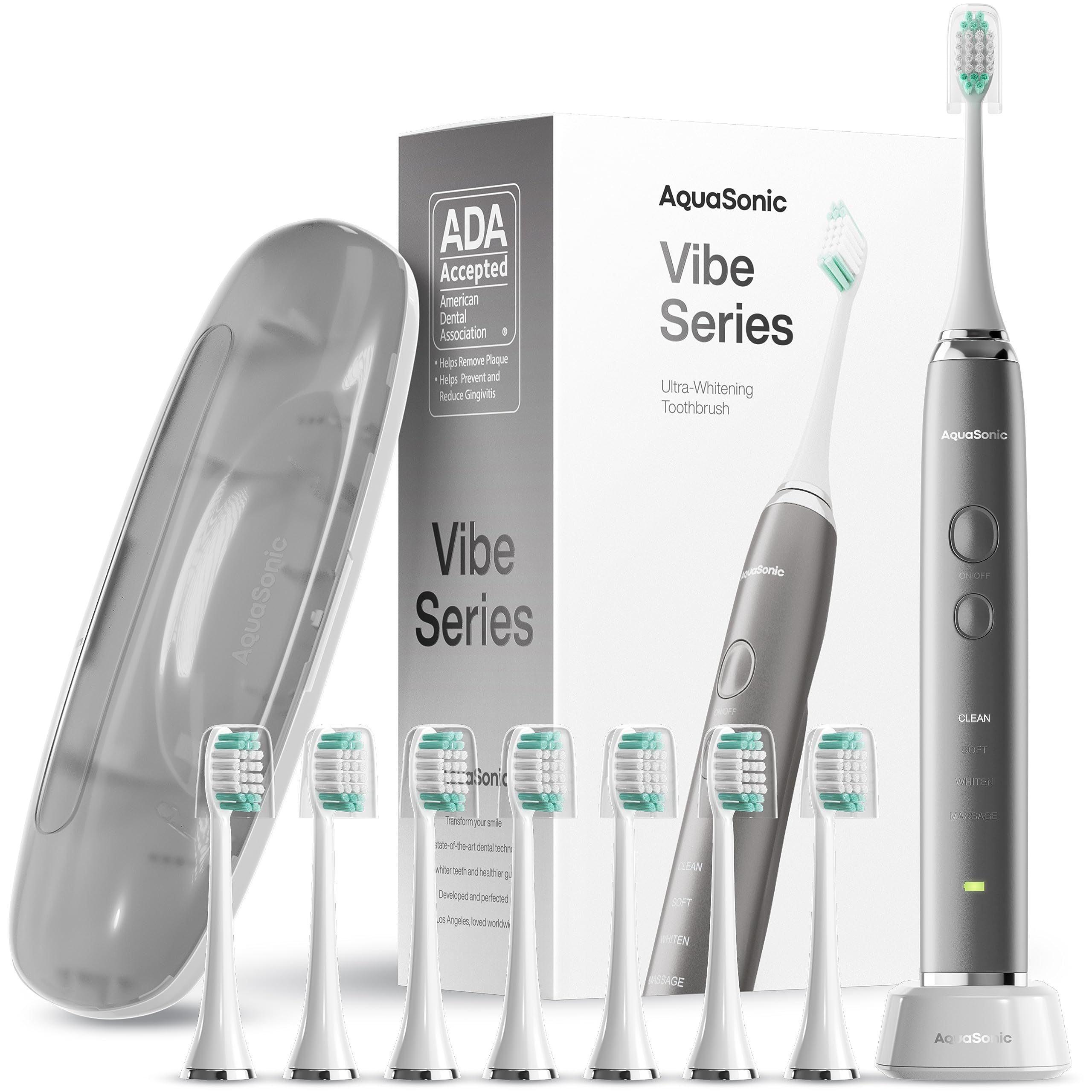 Aquasonic Vibe series - elektriskā zobu birste ar bezvadu uzlādi un 8 uzgaļiem