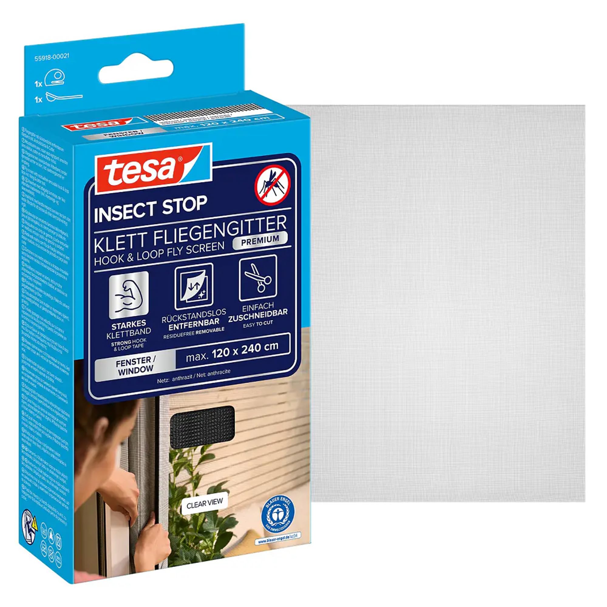 Tesa Insect Stop premium - logu moskītu tīkls ar īpašlentes stiprinājumu, 120x240 cm