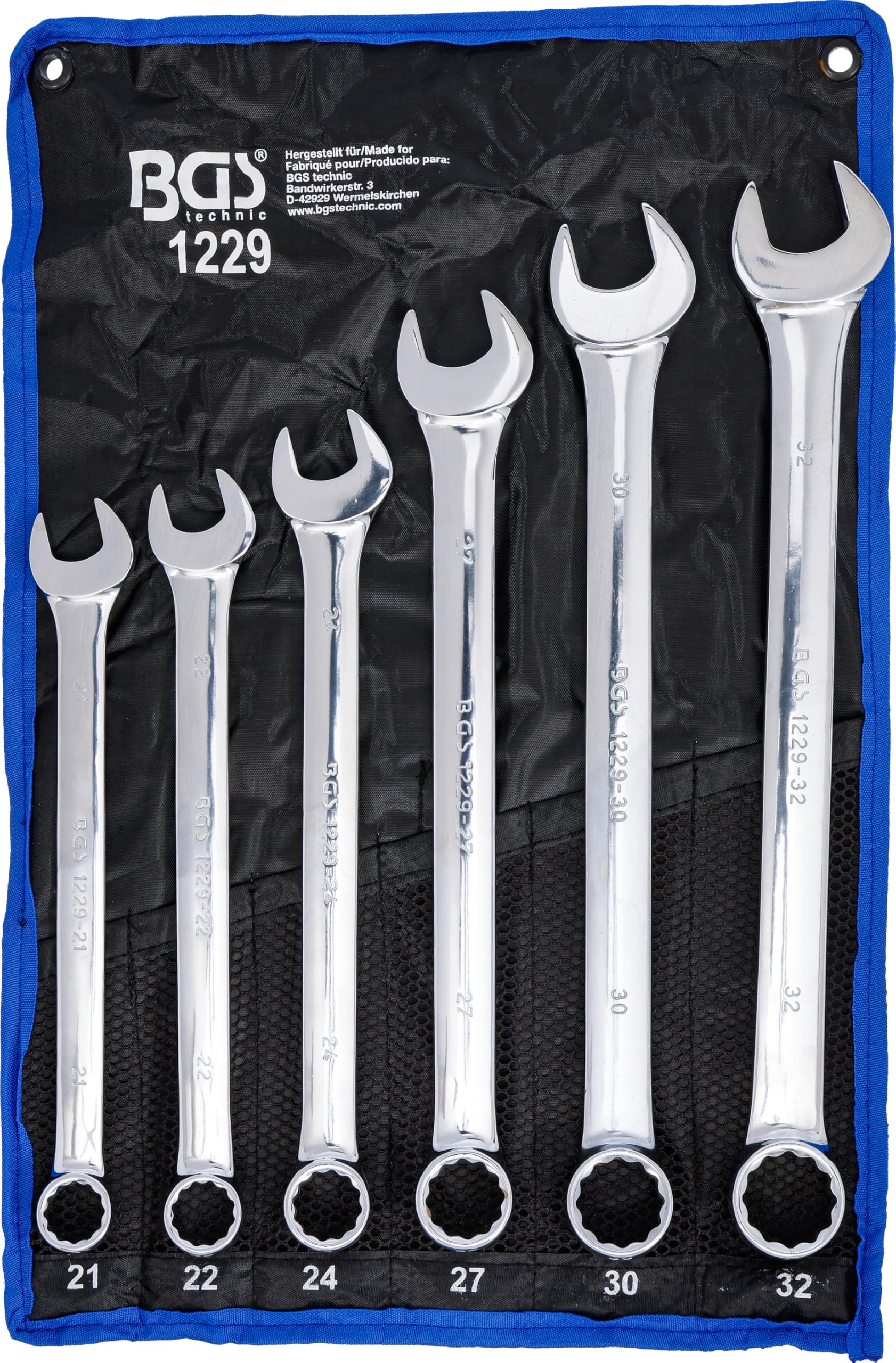 BGS 1229 - kombinēto atslēgu komplekts 6 gab. īpaši garš SW 21–32 mm ar Tetron ruļļu maciņu
