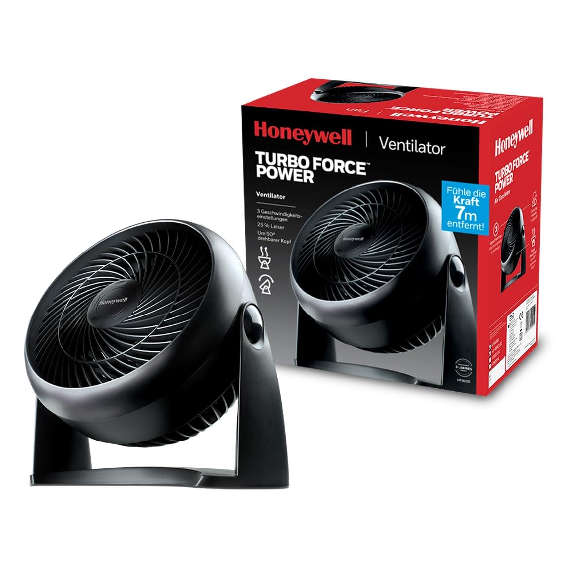 Honeywell HT900E4 TurboForce - galda un sienas ventilators ar 3 ātruma pakāpēm, melns, 30 W