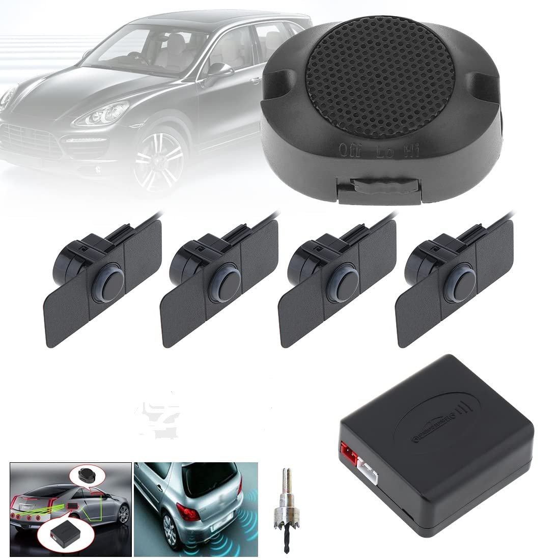 ePathChina CAL20E - Automašīnas atpakaļgaitas radara sensors ar 4 ultraskaņas sensoriem, melns