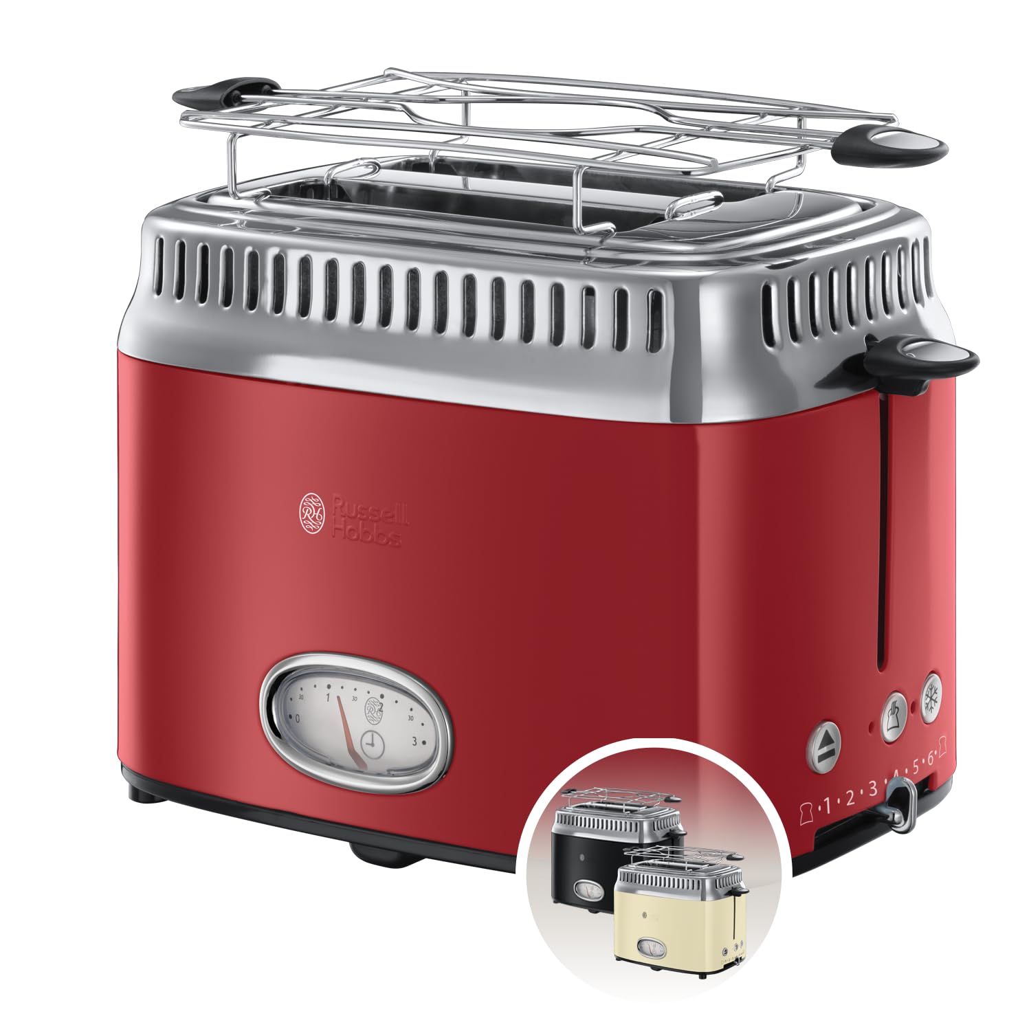 Russell Hobbs 21680-56 - retro tosteris 2 šķēlēm ar atpakaļskaitīšanas displeju, sarkans, 1300 W