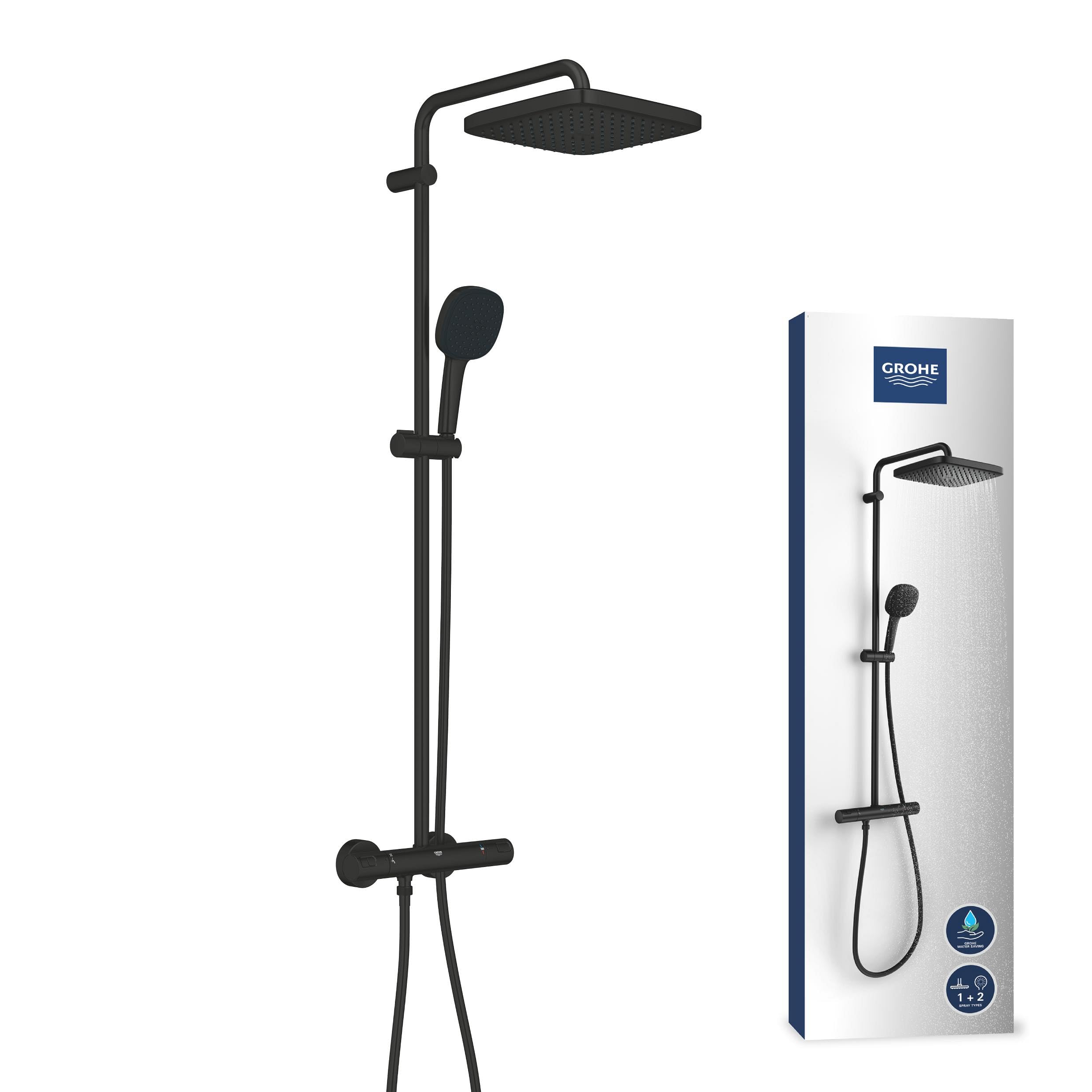 GROHE Vitalio Comfort 250 - dušas sistēma ar termostatu ūdens taupīšanai, matēti melna