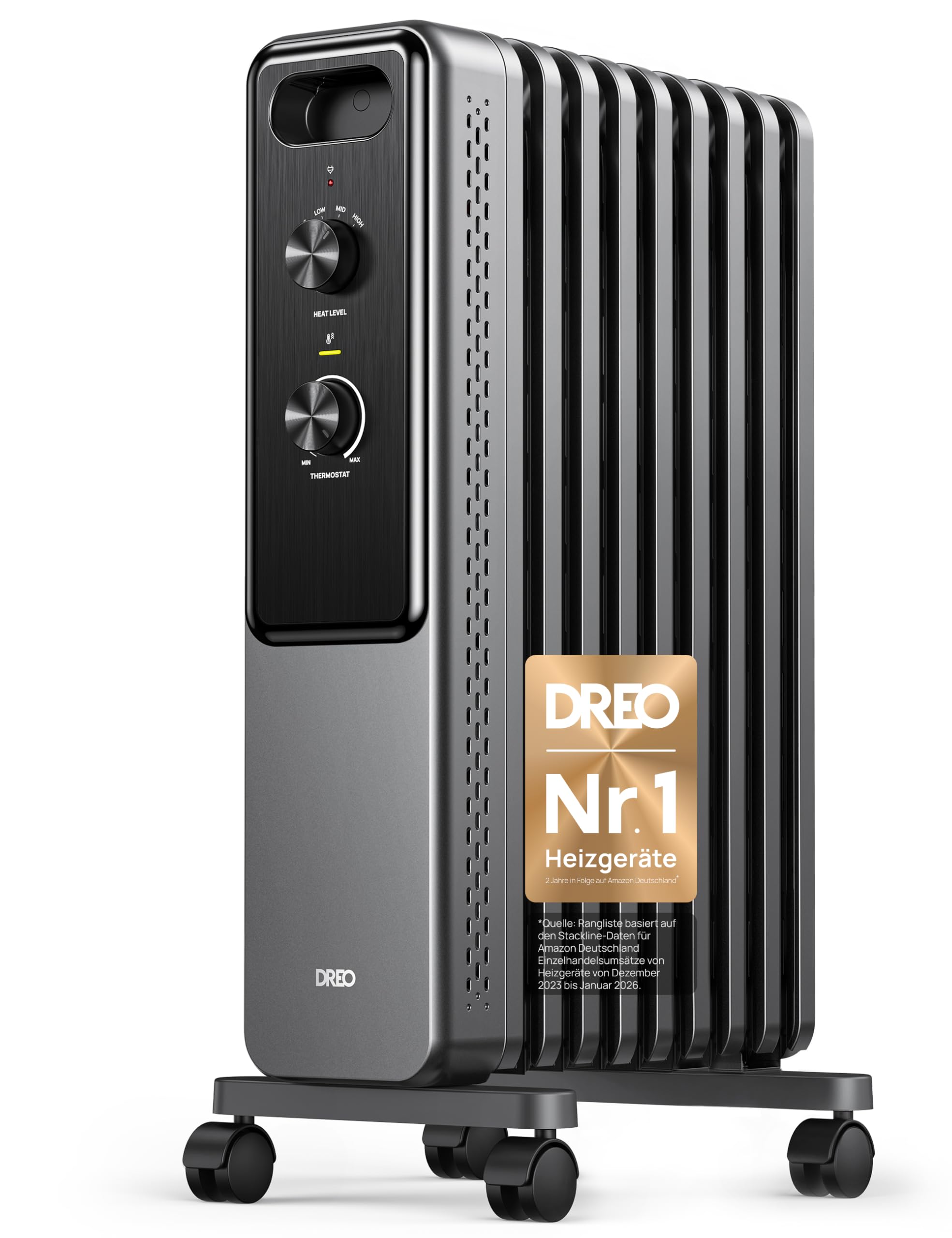 Dreo DR-HSH033 - Eļļas radiators ar 9 ribām un 2000 W jaudu, ar termostatu un riteņiem