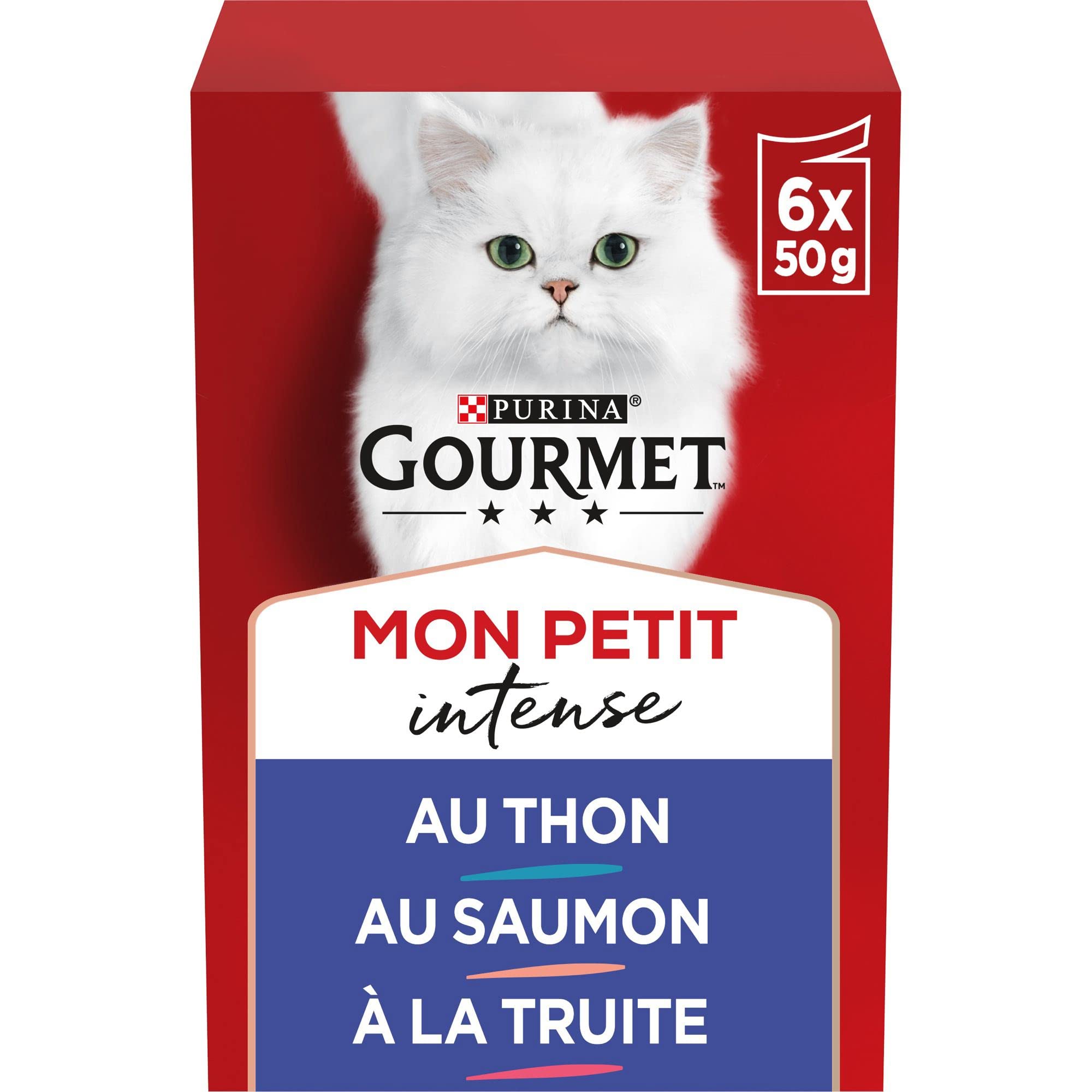 Gourmet Mon Petit intense kaķu barība paciņās ar tunci, lasi un foreli 6 x 50 g