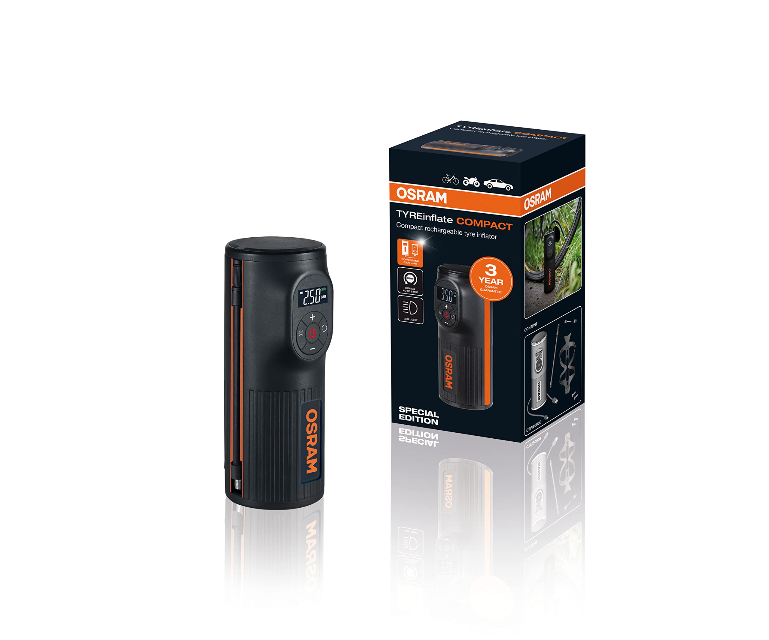 OSRAM OTIR2000E - pārnēsājamais akumulatora gaisa kompresors ar LED gaismu un powerbank funkciju