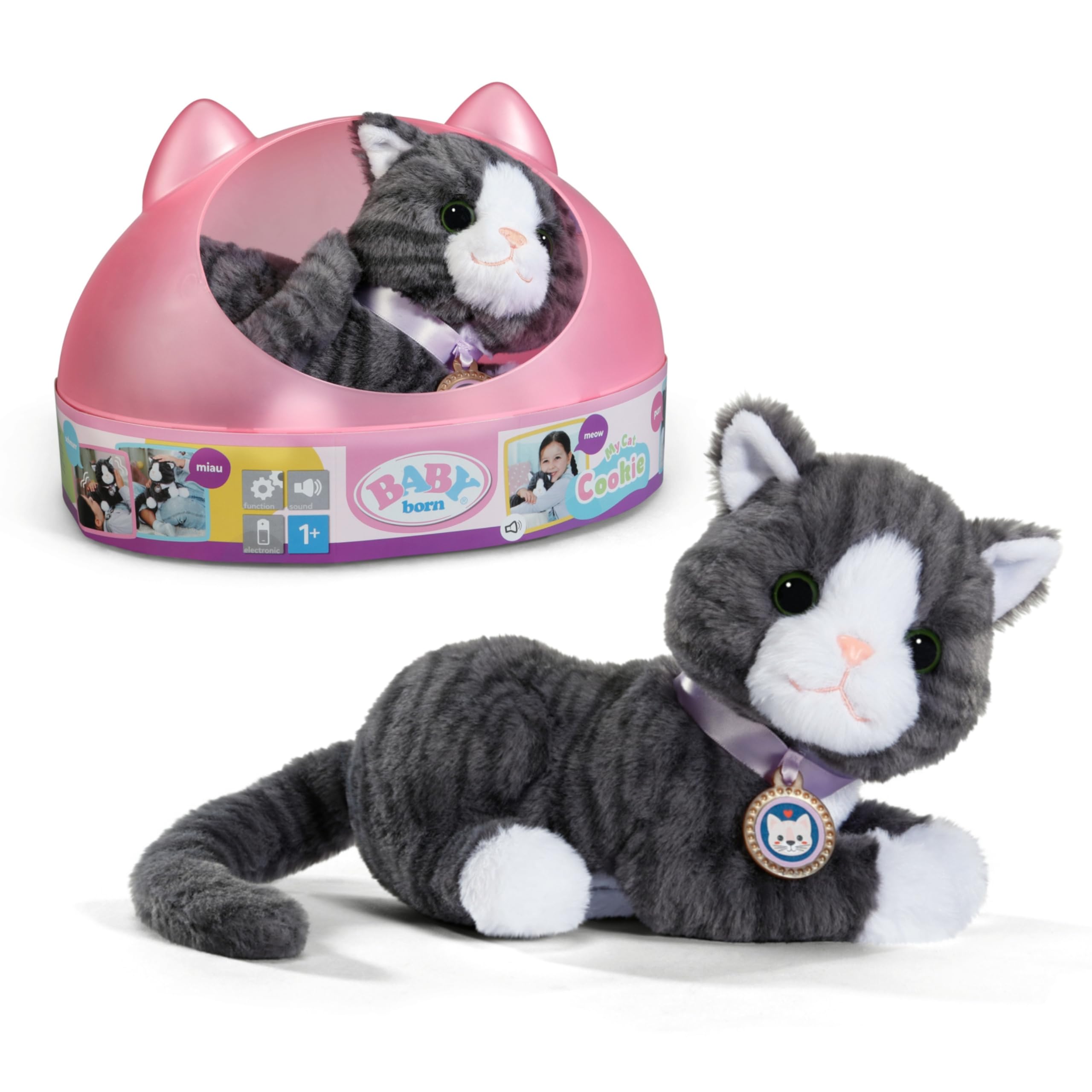 Baby Born 837580 - Kaķis Cookie ar pārvadāšanas grozu un skaņas un vibrācijas funkciju