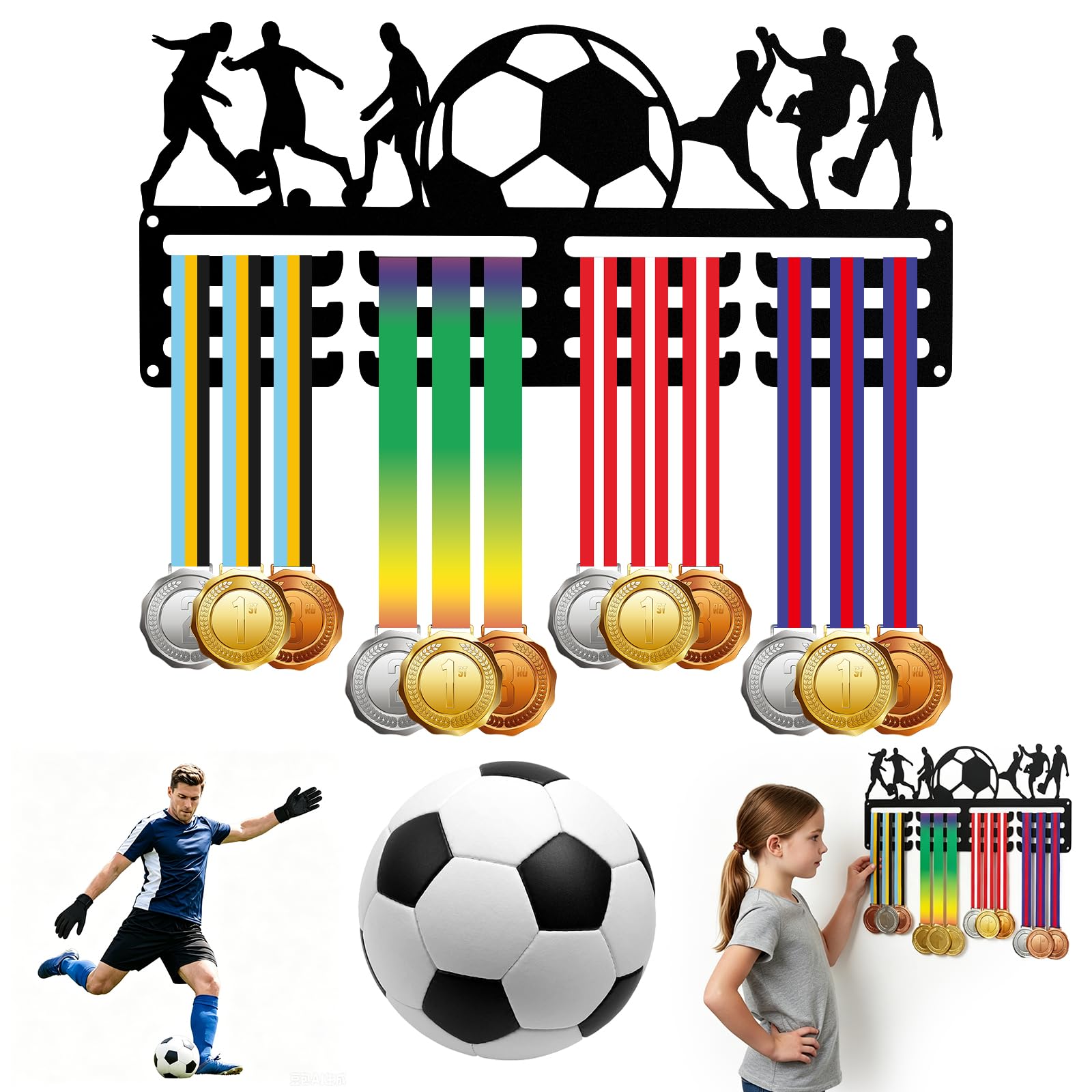 RICKMASK JYX-08671 - Futbola medaļu turētājs sienai, metāla, melns