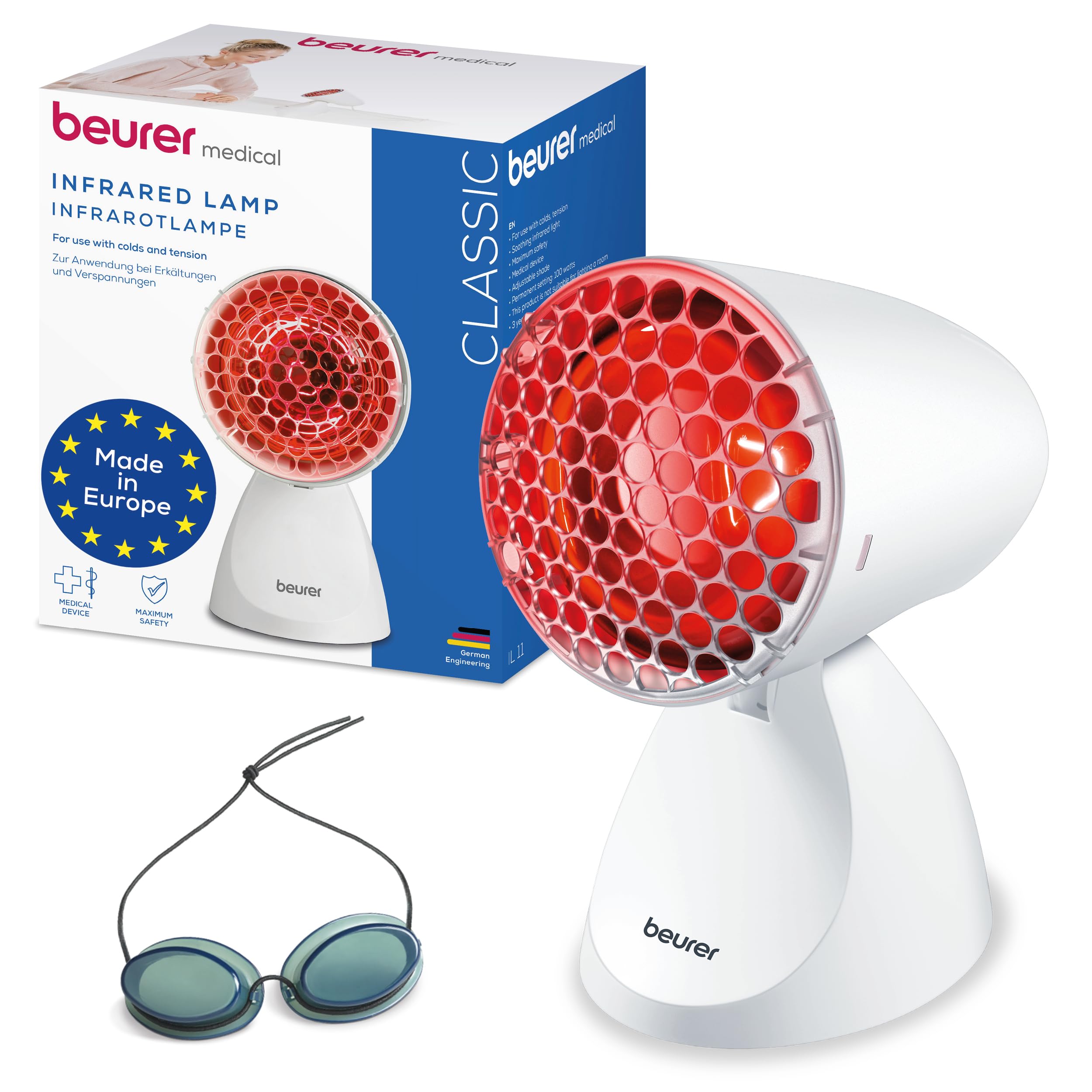 Beurer IL 11 - infrasarkanā lampa ar aizsargsietu un brillēm, 100 W, medicīnas ierīce