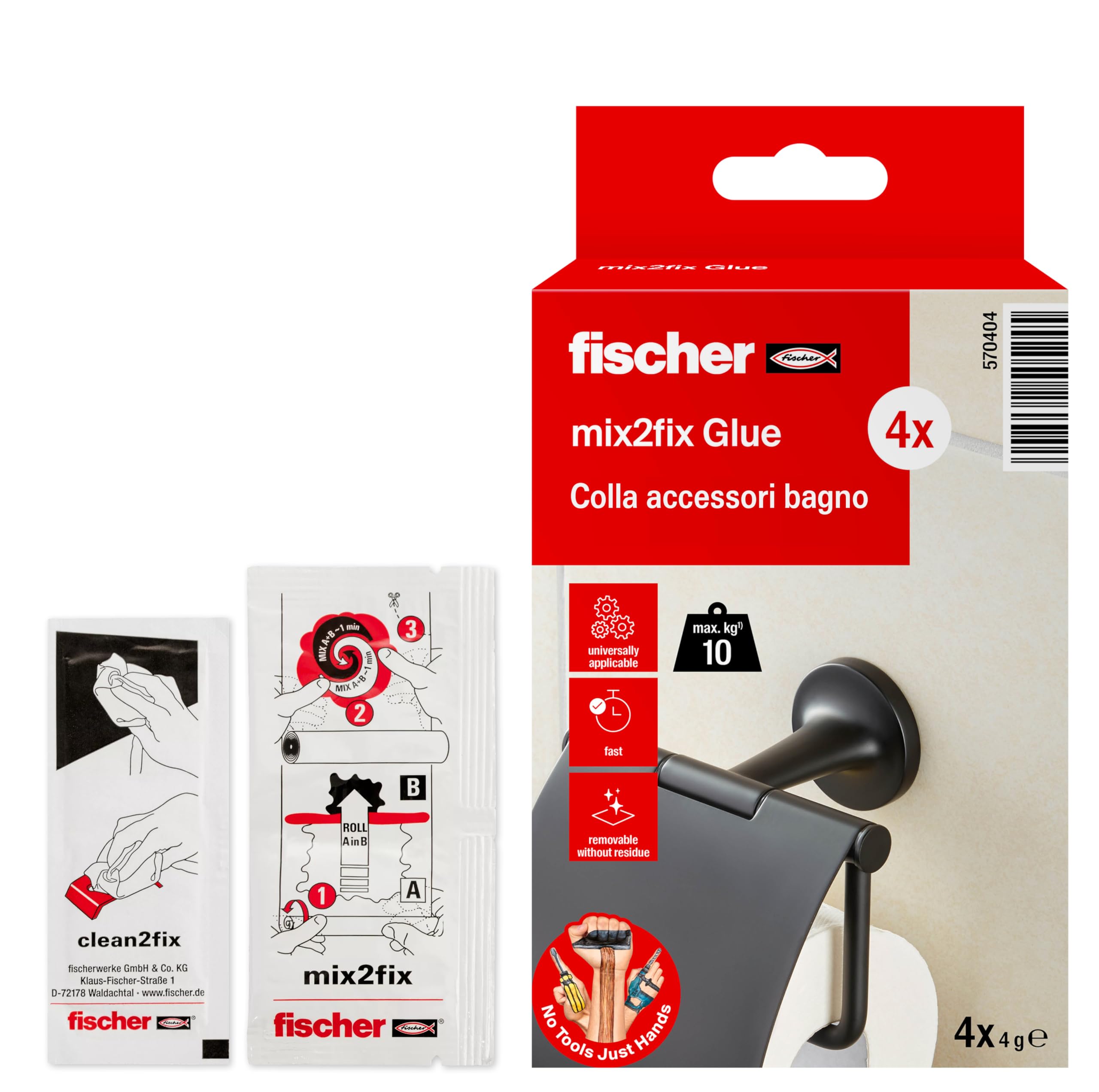 Fischer 570404 - Divkomponentu vannas istabas piederumu līme uz flīzēm bez urbšanas, 4 gab