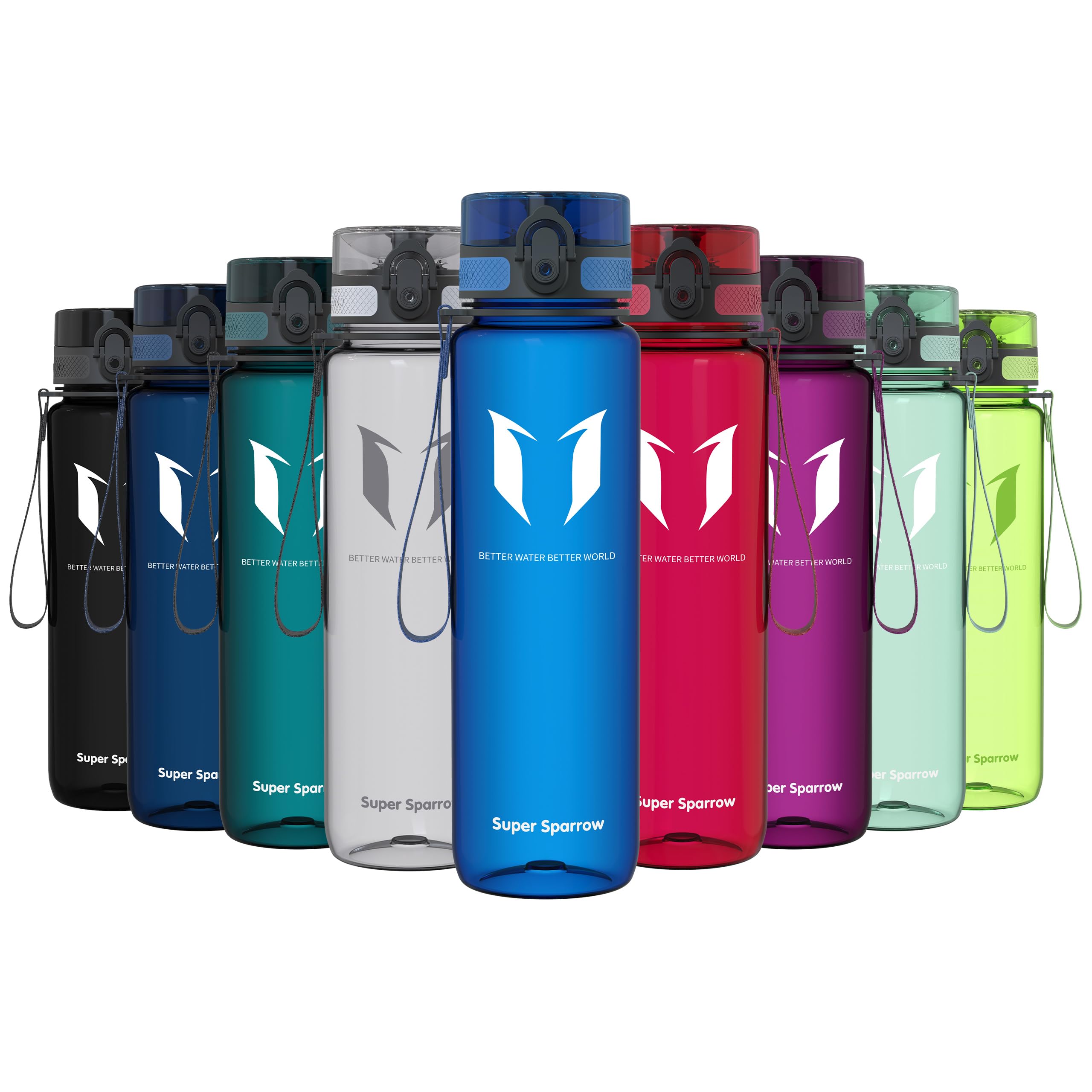 Super Sparrow - Sporta ūdens pudele 1000 ml ar flip-top vāciņu, BPA brīva tritāna plastmasa