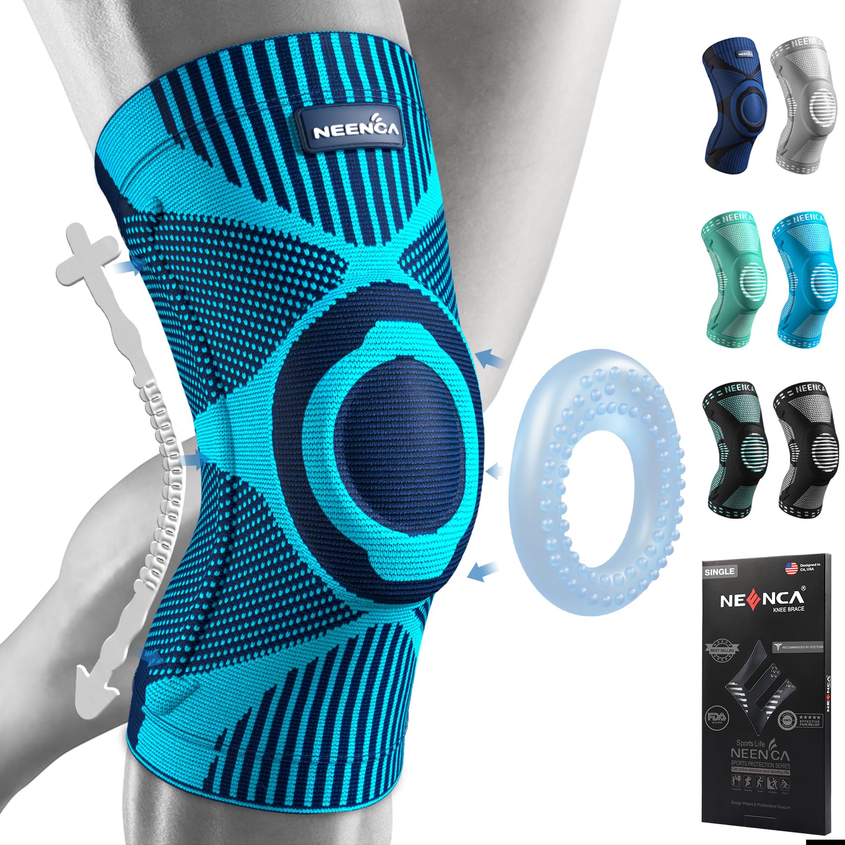 NEENCA HX053-de-Lightblue-3XL - Ceļgala ortoze ar patella gela spilventiņiem un sānu stabilizatoriem, gaiši zila, 3XL