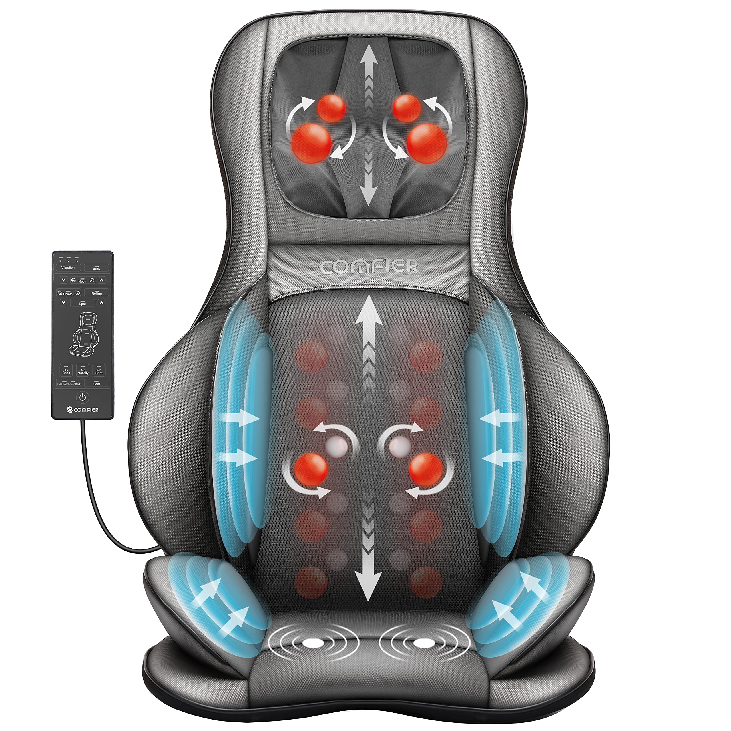 Comfier shiatsu CF-2307A-EU - Masāžas sēdekļa pārklājs ar siltumu un gaisa kompresiju mugurai un kaklam