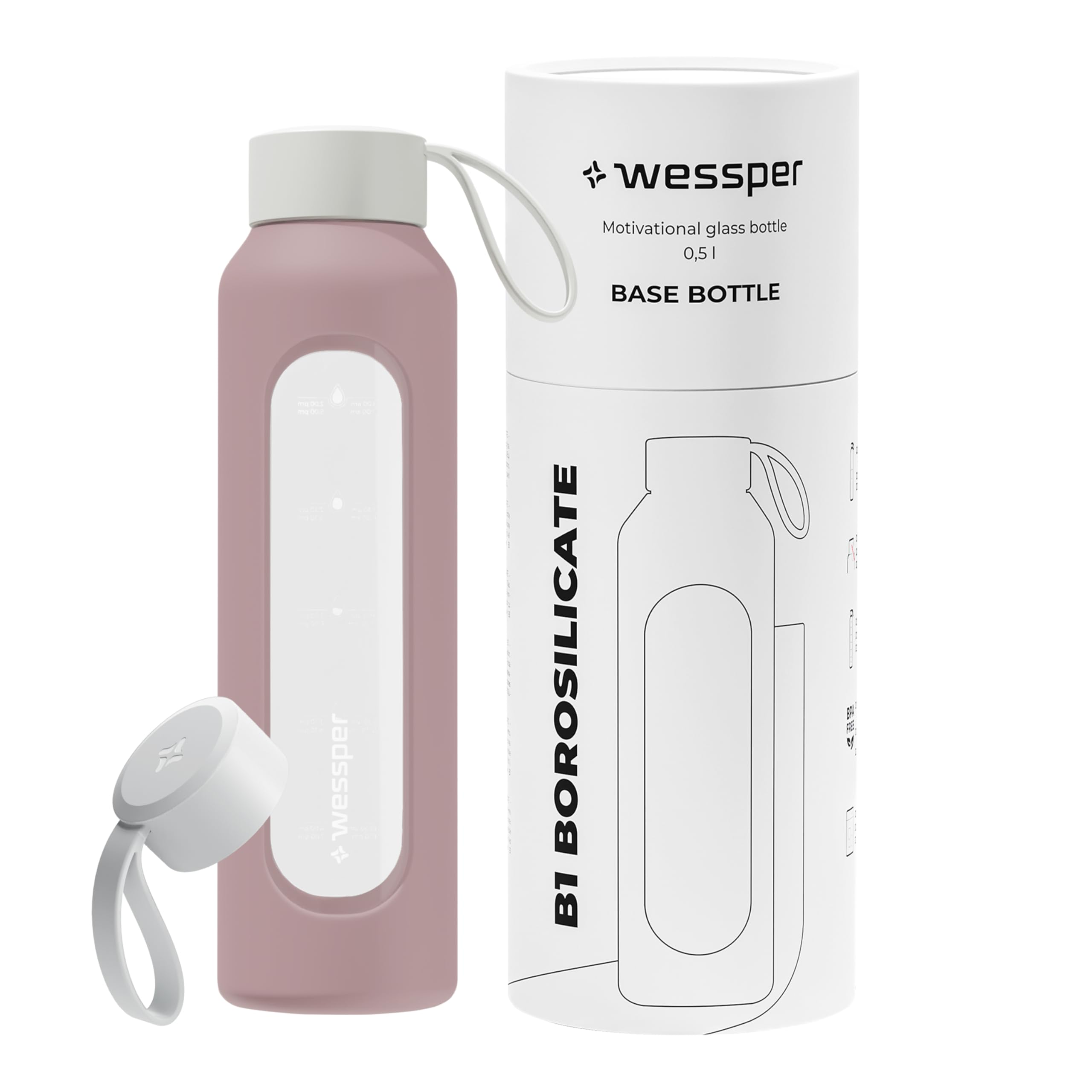 Wessper WES260-500-DR-NEW - Stikla dzeramā ūdens pudele 500ml ar hidratācijas skalu