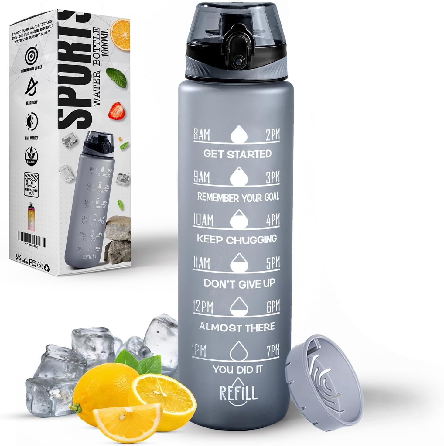 Roe Tenpo WB1-S1 - Sporta ūdens pudele 1L ar augļu sietu, BPA nesaturoša, pelēka
