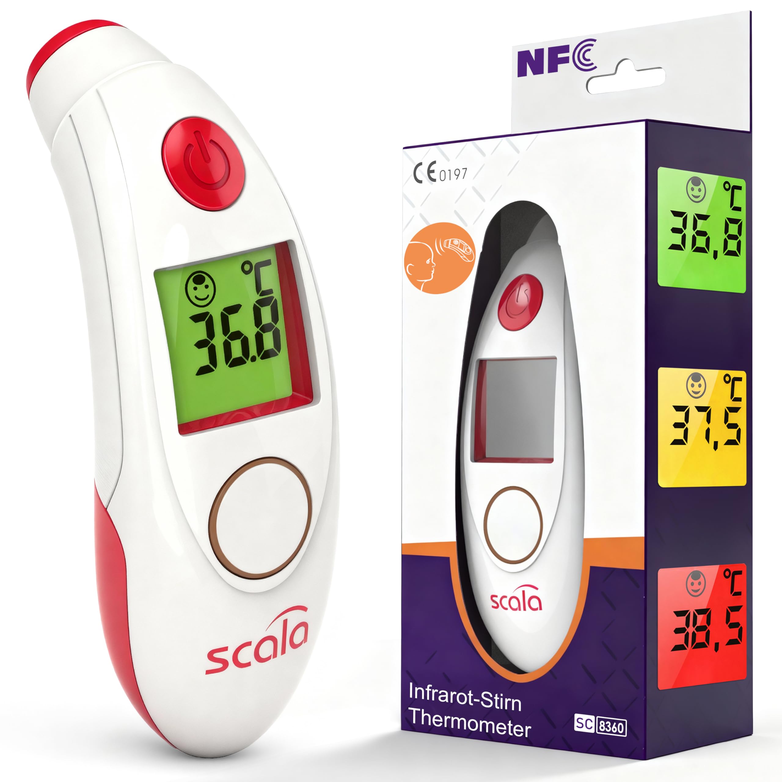 Scala SC 8360 NFC - Digitālais infrasarkanais pieres termometrs ar drudža trauksmi un NFC