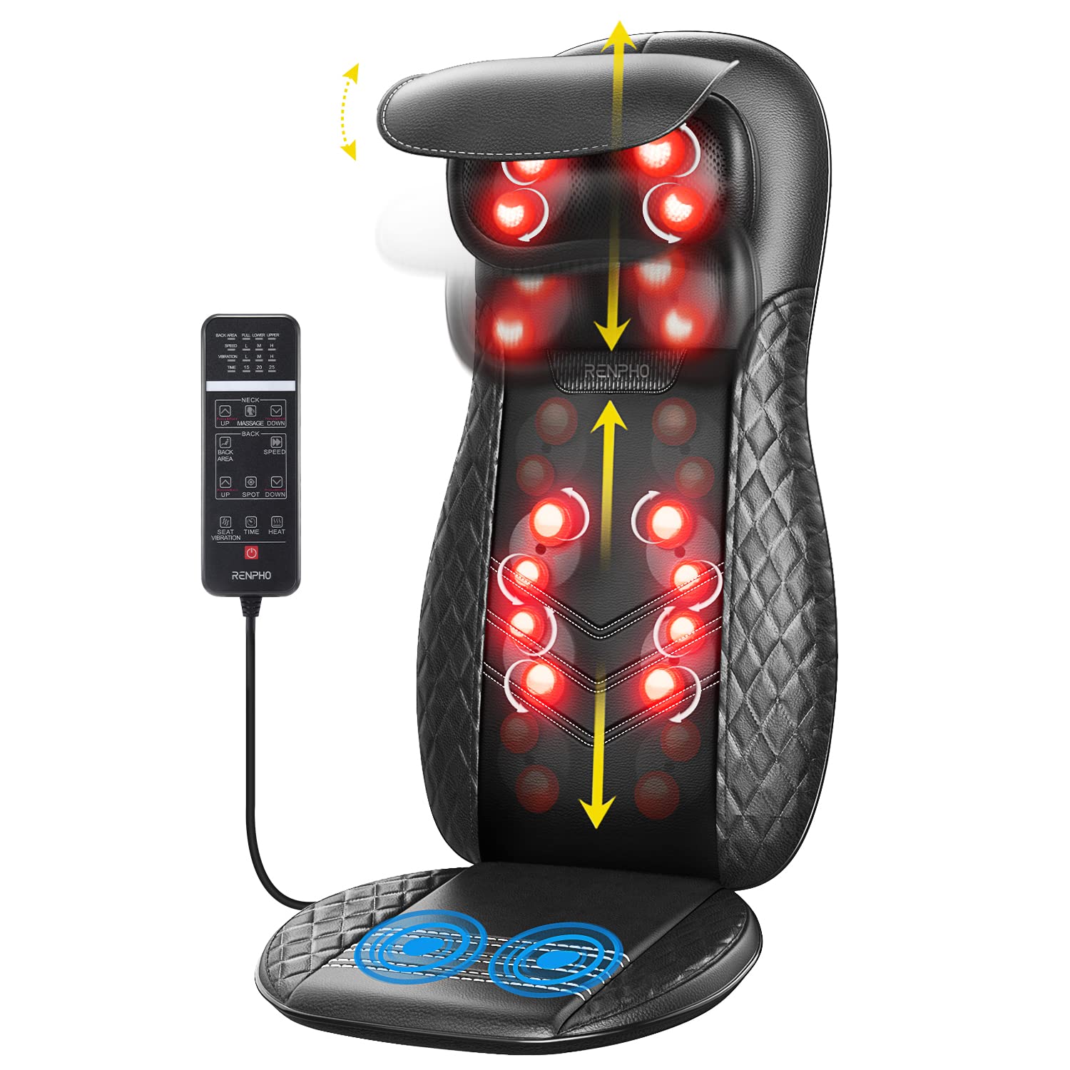 RENPHO RF-BM066 - shiatsu masāžas sēdekļa uzlika ar siltuma funkciju un vibrāciju, mugurai un kaklam, 81 x 21 x 45 cm
