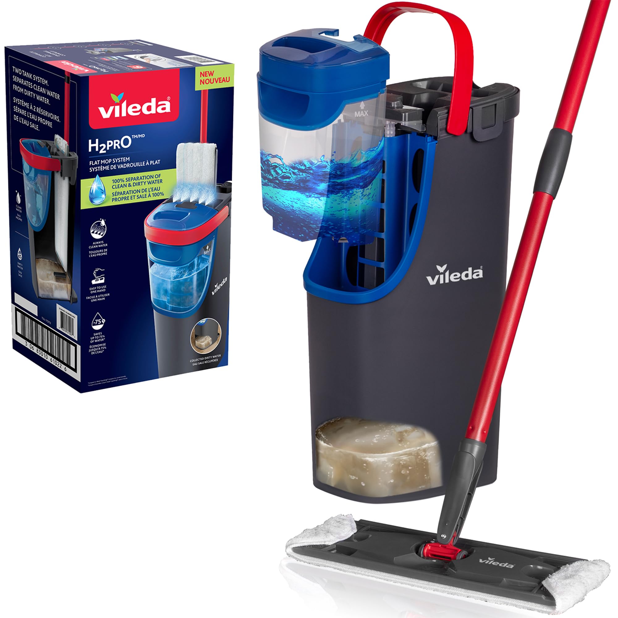 Vileda H2Pro 177871 - Plakans grīdas mops ar mikrošķiedru un ūdens atdalīšanas sistēmu