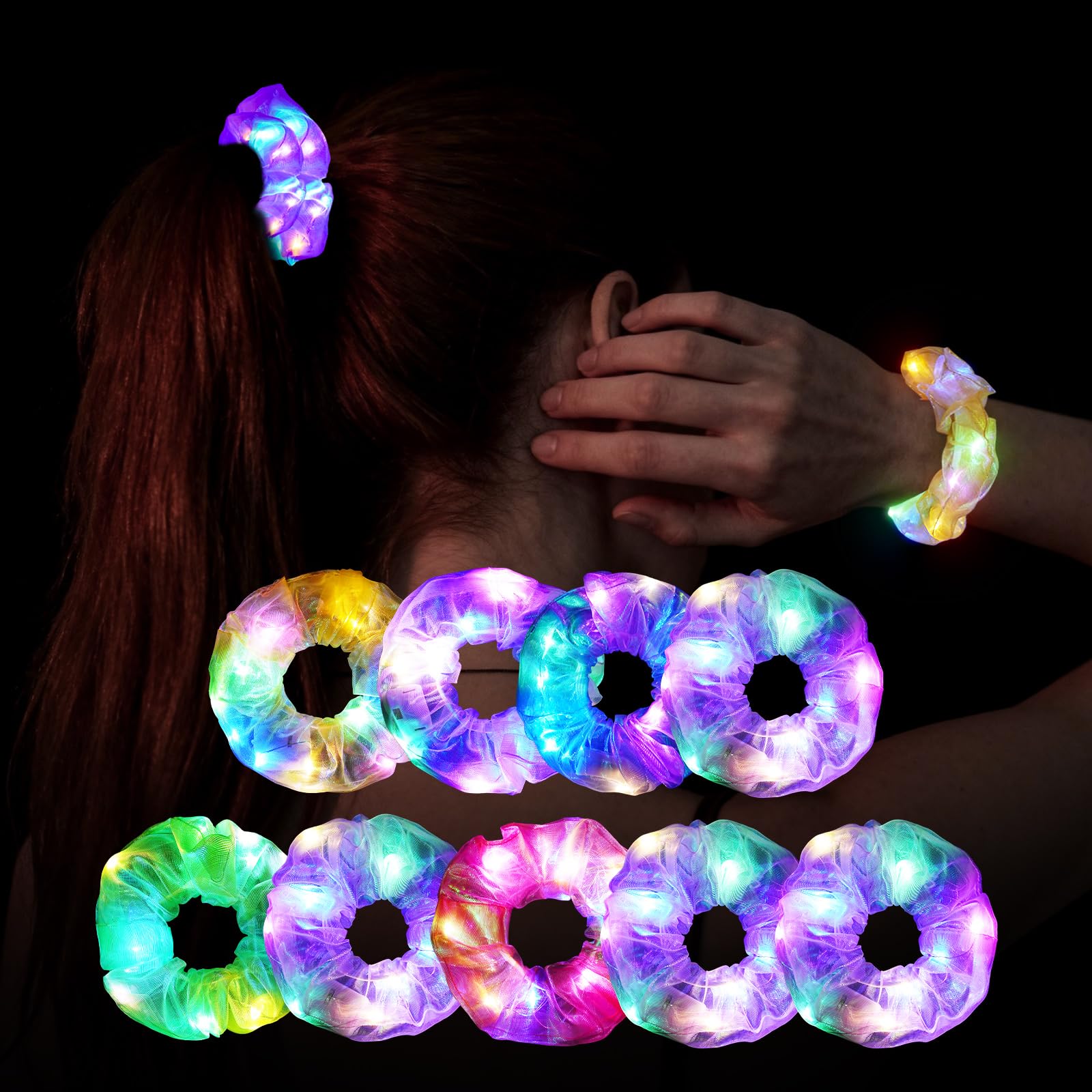 AOOSA 5507689 - LED spīdošās matu gumijas ar 3 gaismas režīmiem, 9 gabali komplektā