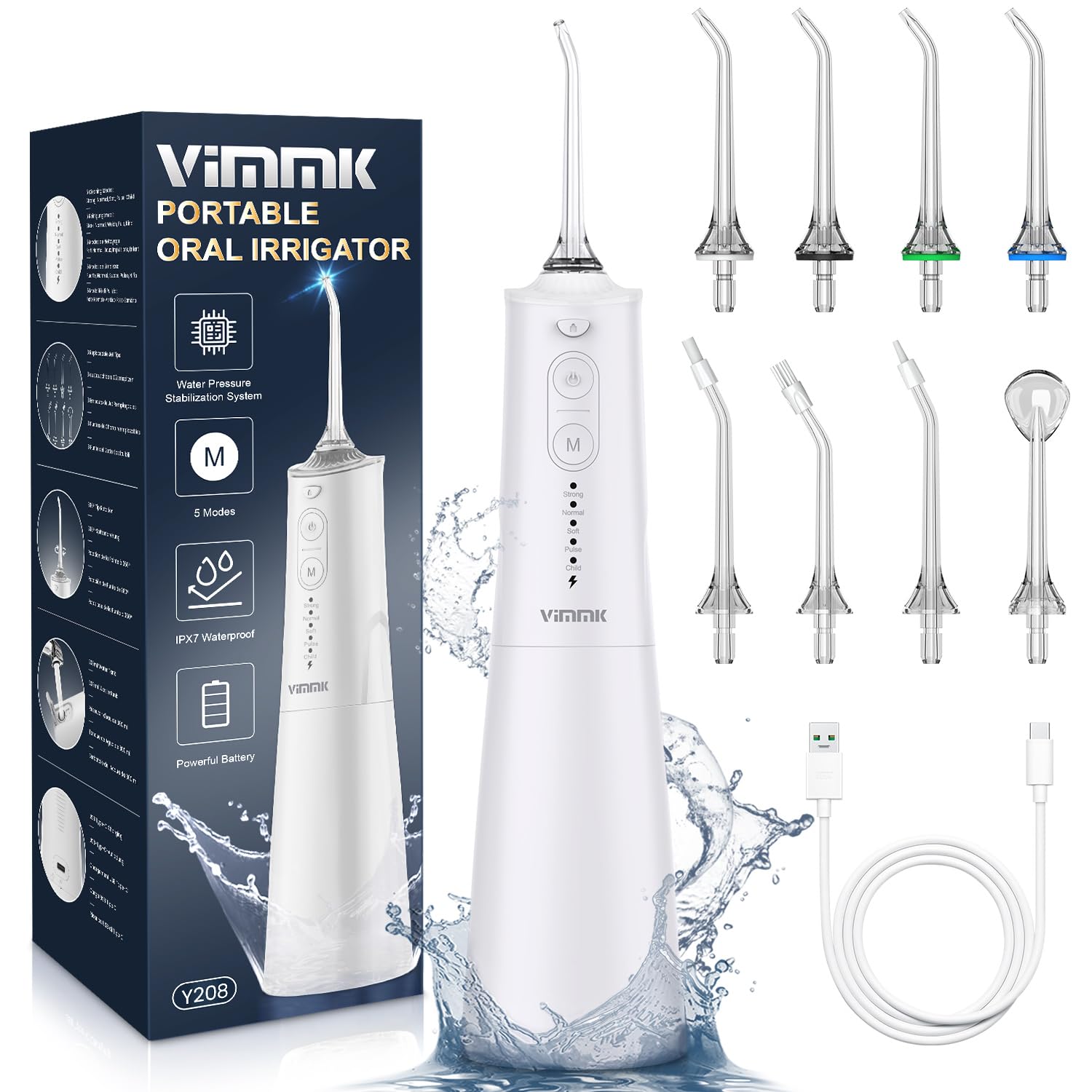 VIMMK Y208 - mutes irigators ar 5 spiediena režīmiem, 8 uzgaļiem un 300 ml rezervuāru