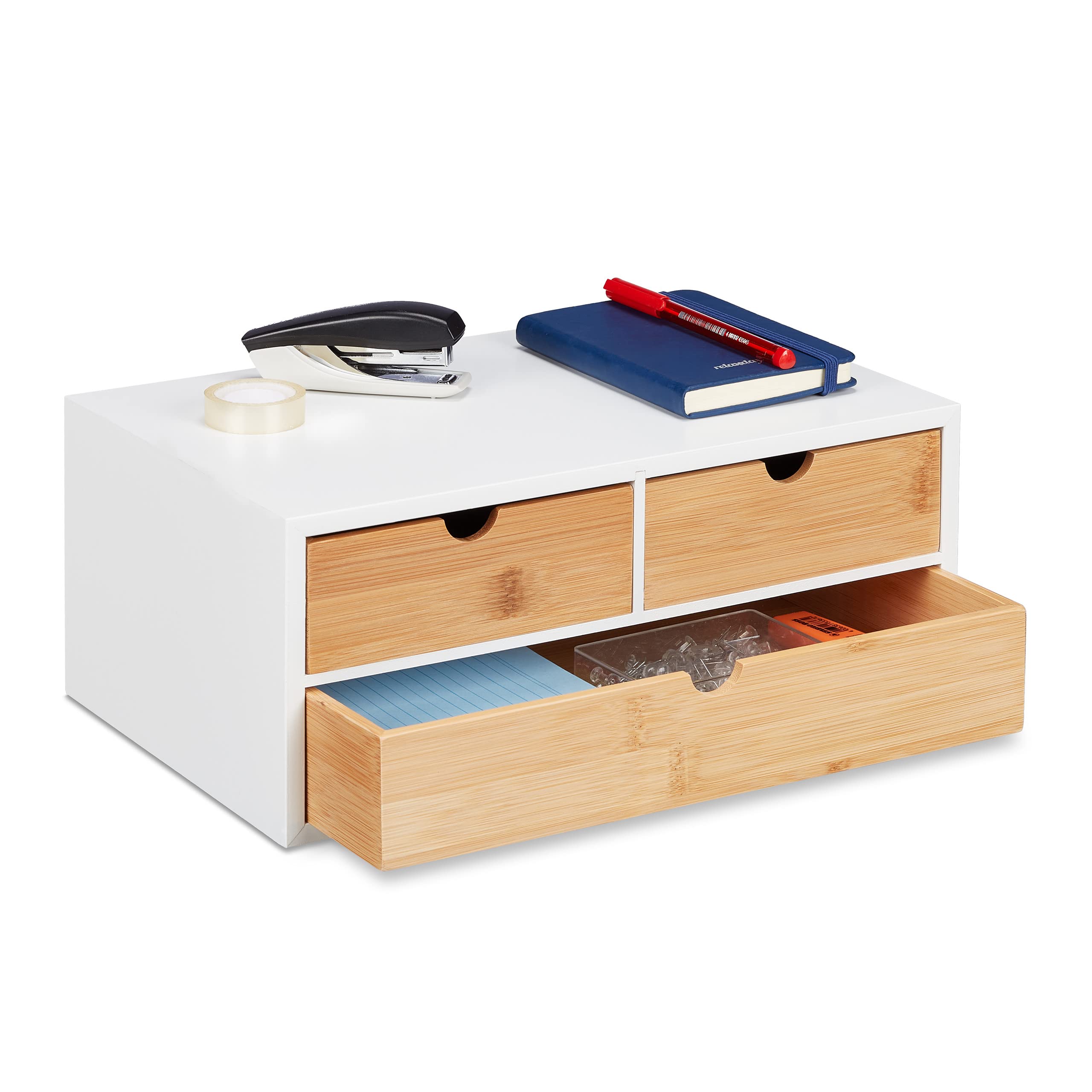 Relaxdays 10039328 - Galda organizators ar 3 atvilktnēm, bambuss un MDF, 14x33x21 cm