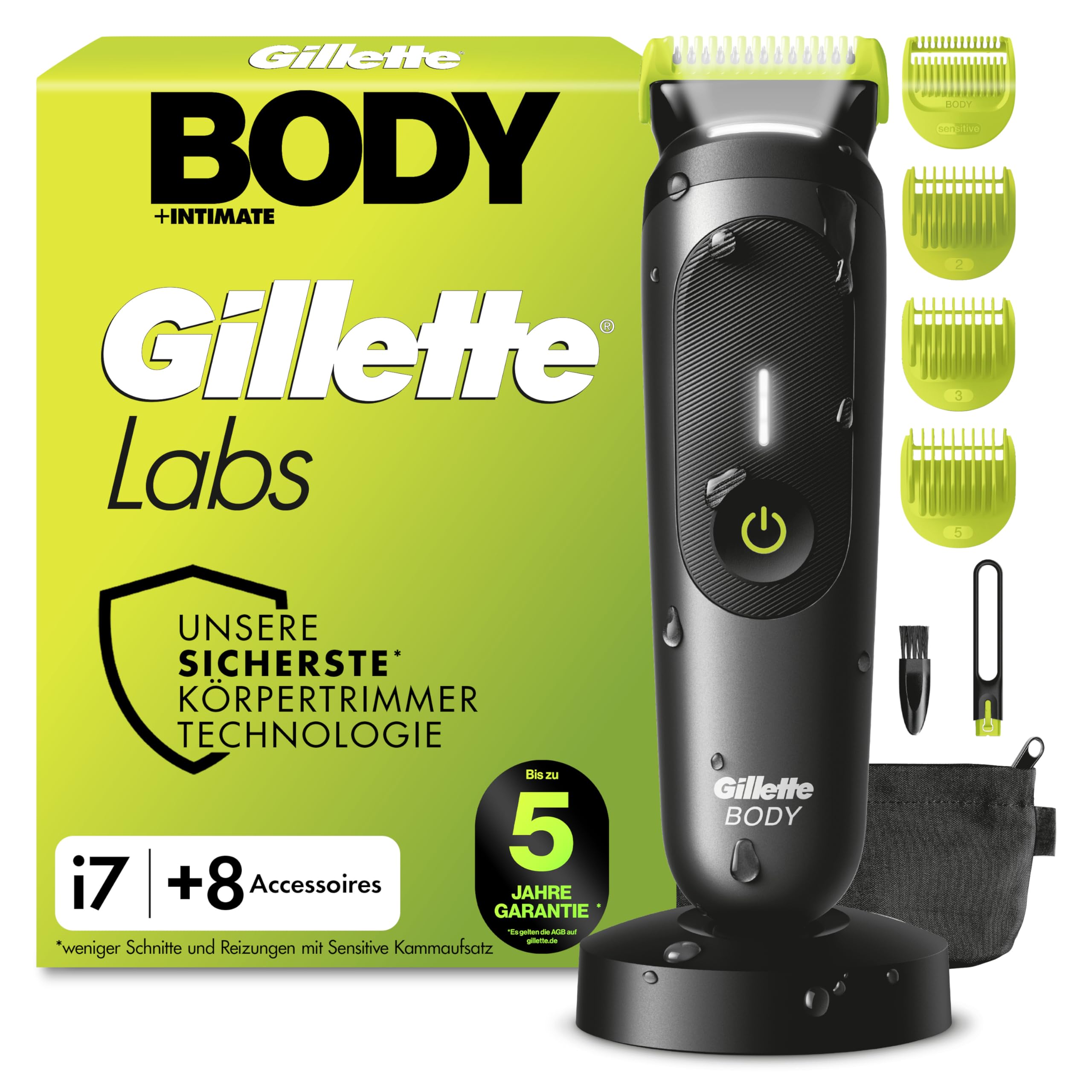 Gillette Labs i7 Body & Intimate Trimmer - ķermeņa un intīmās zonas trimeris vīriešiem, ar 8 piederumiem