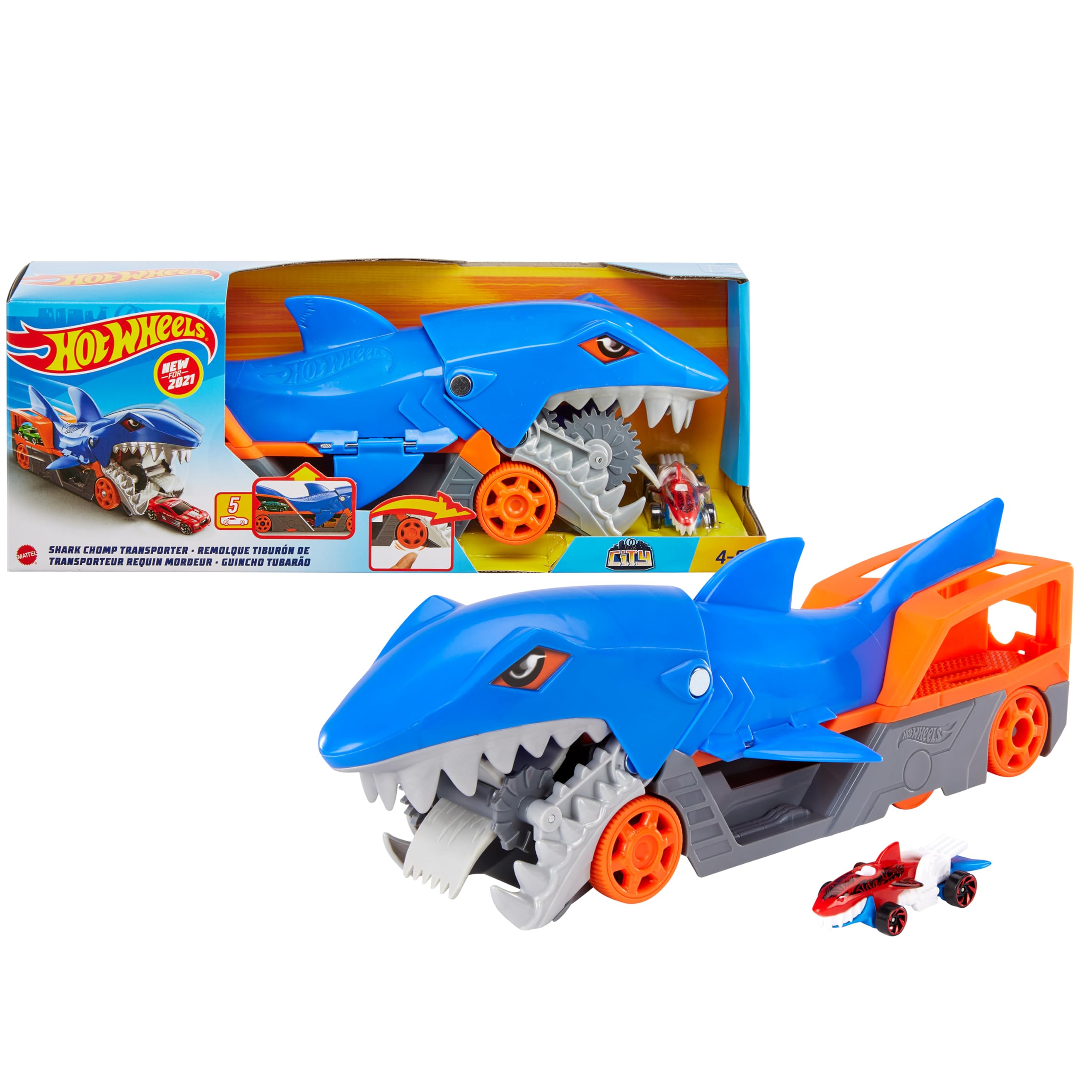 Hot Wheels GVG36 Shark Chomp - haizivs transportieris ar 1:64 automašīnu