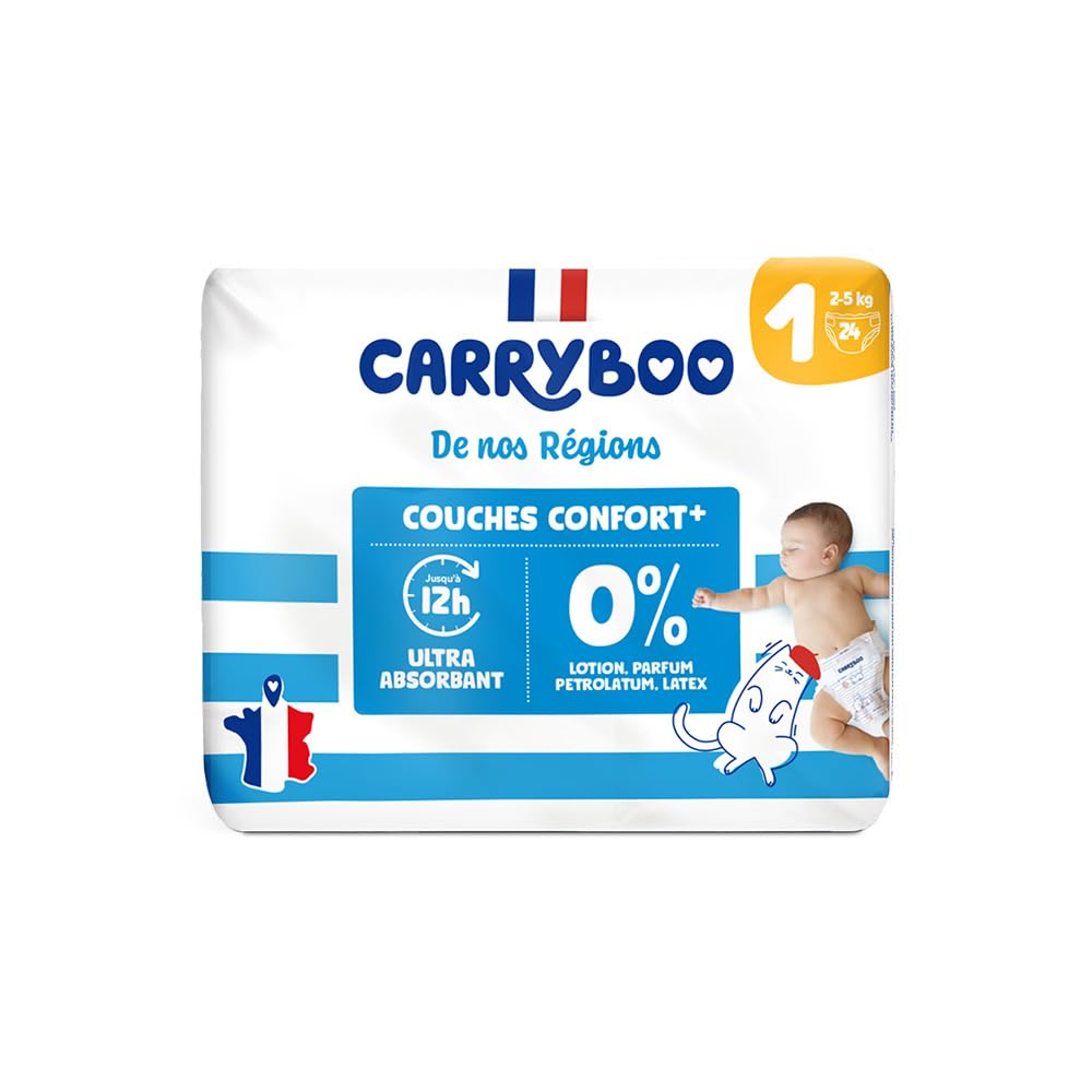 Carryboo Taille 1 - vienreizlietojamās autiņbiksītes, 1. izmērs (2–5 kg), ražotas Francijā, 24 gab.