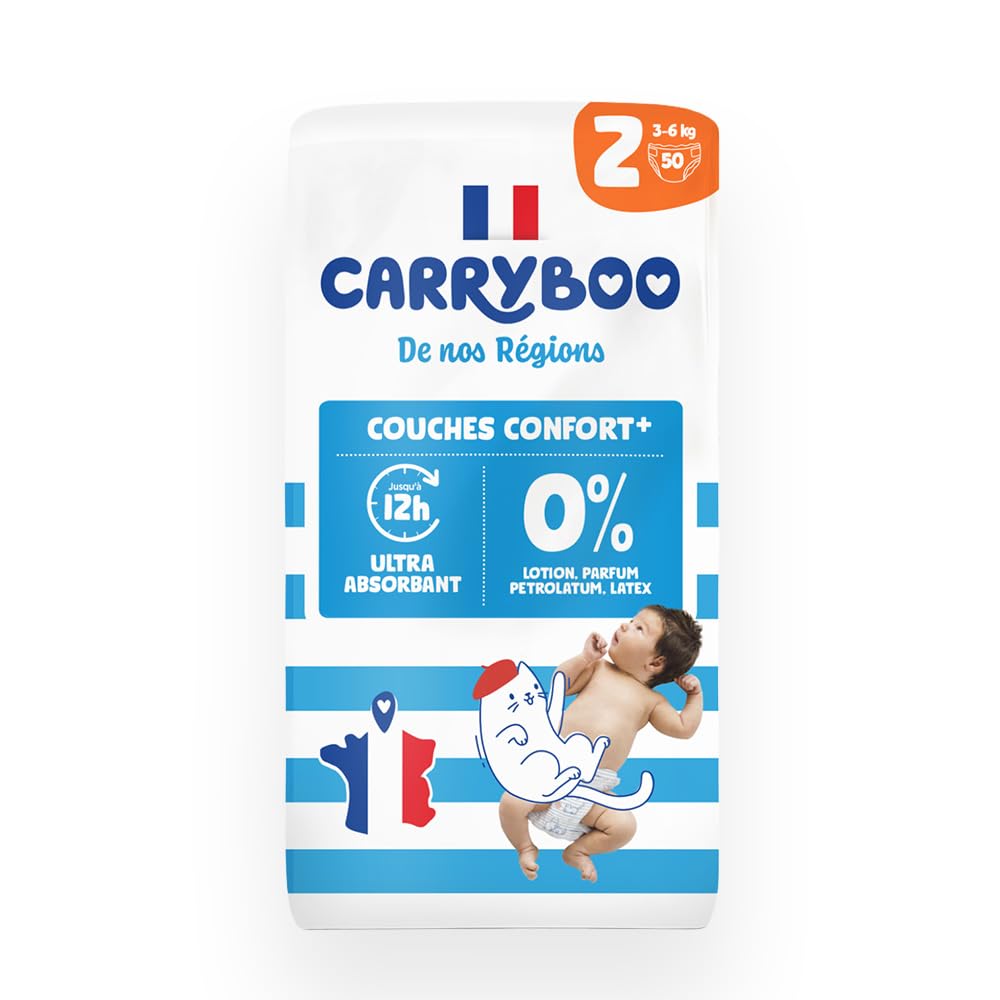 Carryboo T2 - vienreizlietojamās autiņbiksītes 2. izmērs (3–6 kg), 50 gab., ražotas Francijā