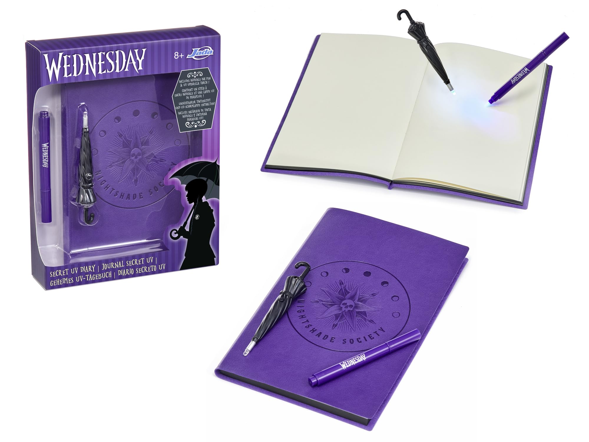 Jada Toys Wednesday Addams - Dienasgrāmata ar UV-gaismas pildspalvu, A5, 144 lapas