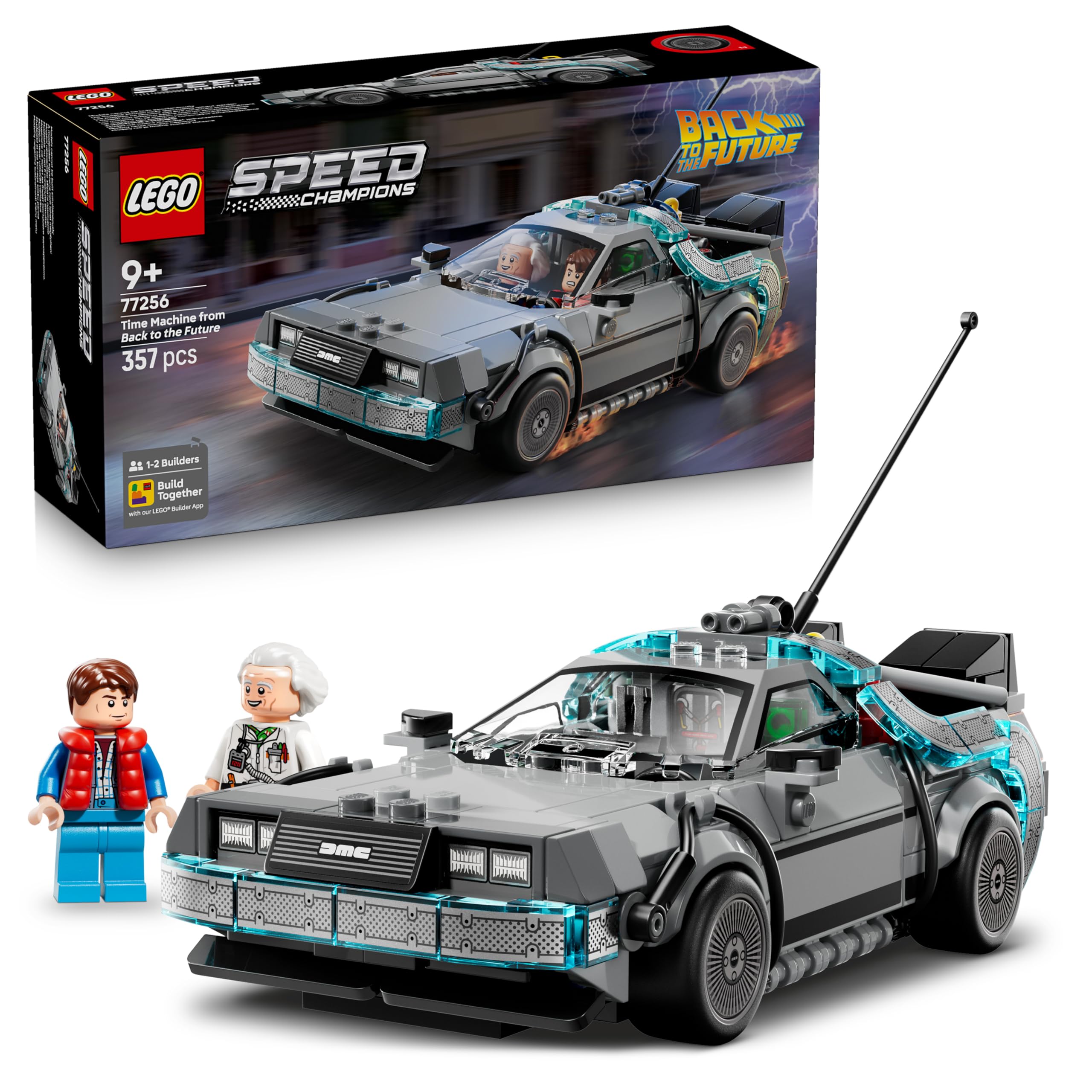 LEGO Speed Champions 77256 - Konstruktors, atpakaļ nākotnē laika mašīna ar DeLorean un minifigūrām