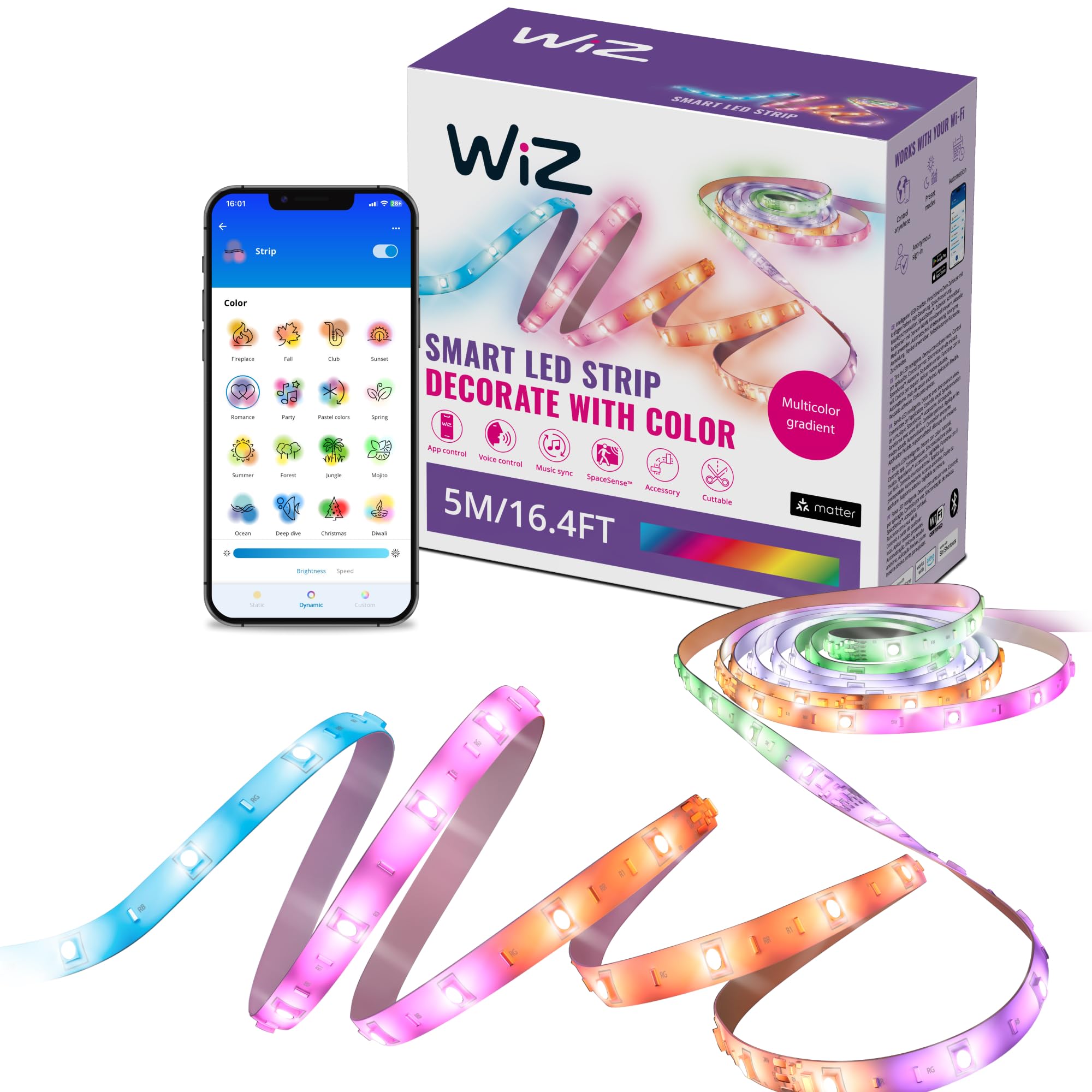 WiZ RGBIC - LED gaismas lente, 5 m, ar krāsu efektiem un viedajām funkcijām